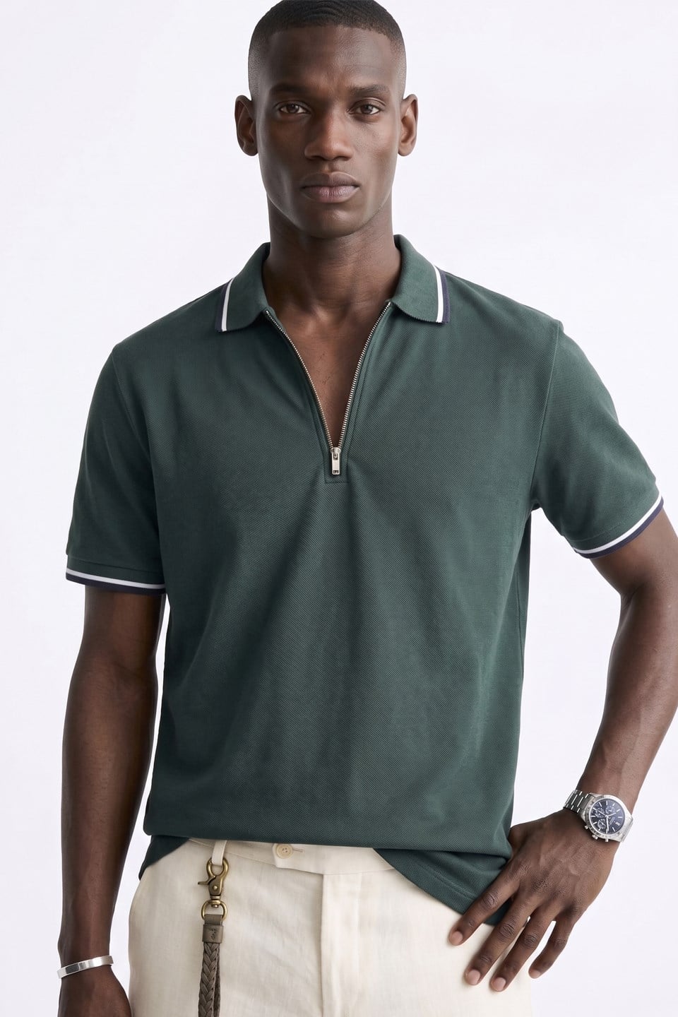 Erkek Yarım Fermuarlı Ribana Detay Polo Yaka T-Shirt - Yeşil