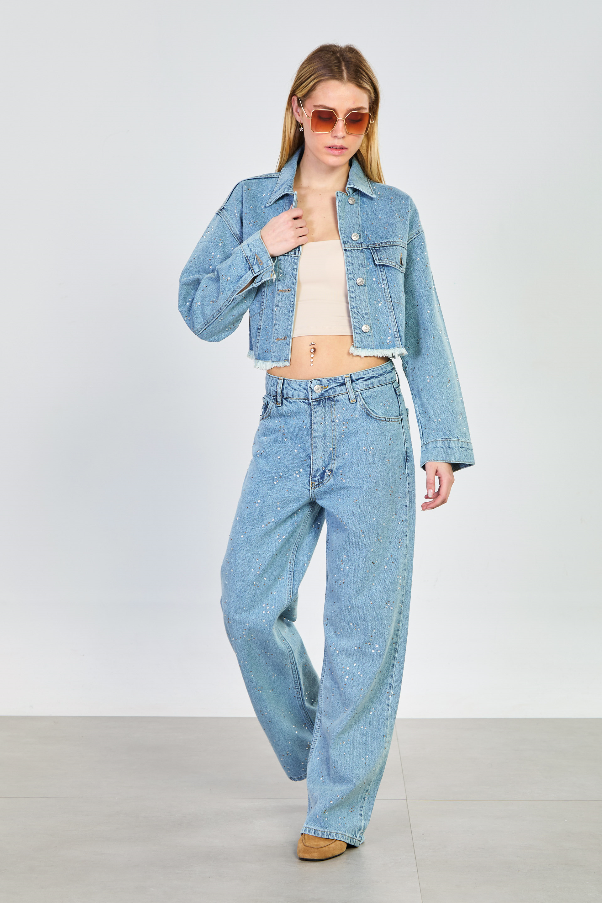 Kadın Taşlı Bol Paça Jean Pantolon - Açık Mavi