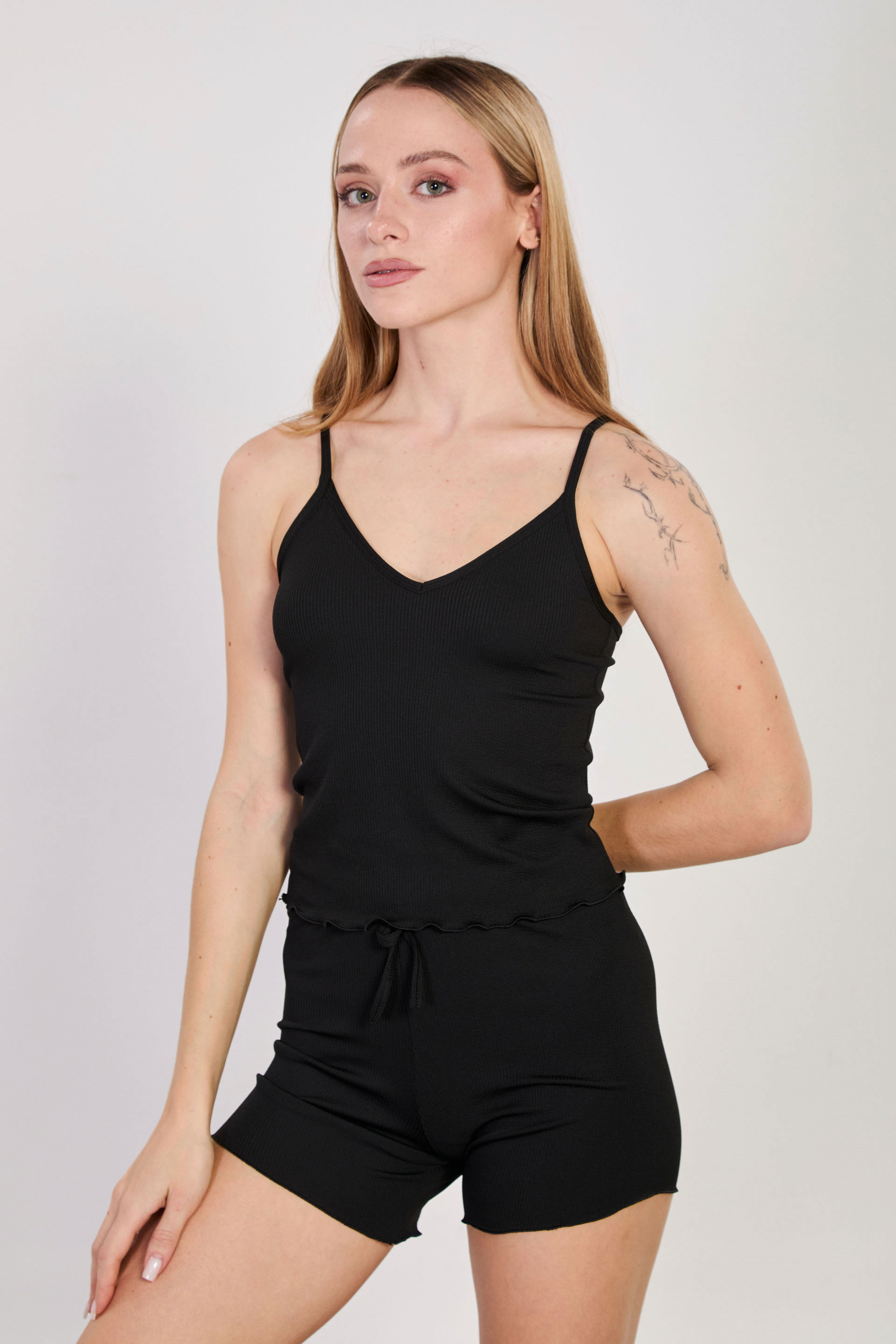 Kadın İnce Fitilli İkili Şort Takım - Siyah