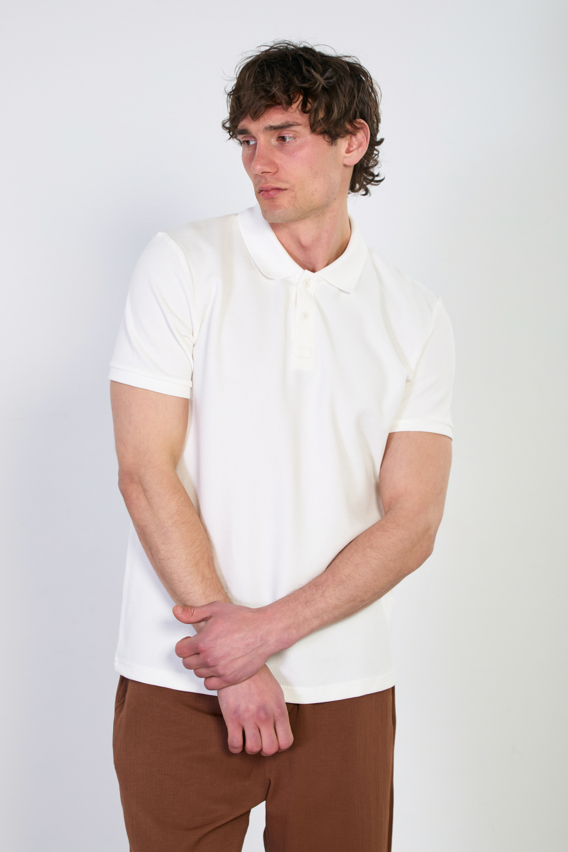 Erkek Waffle Polo Yaka T-Shirt - Ekru