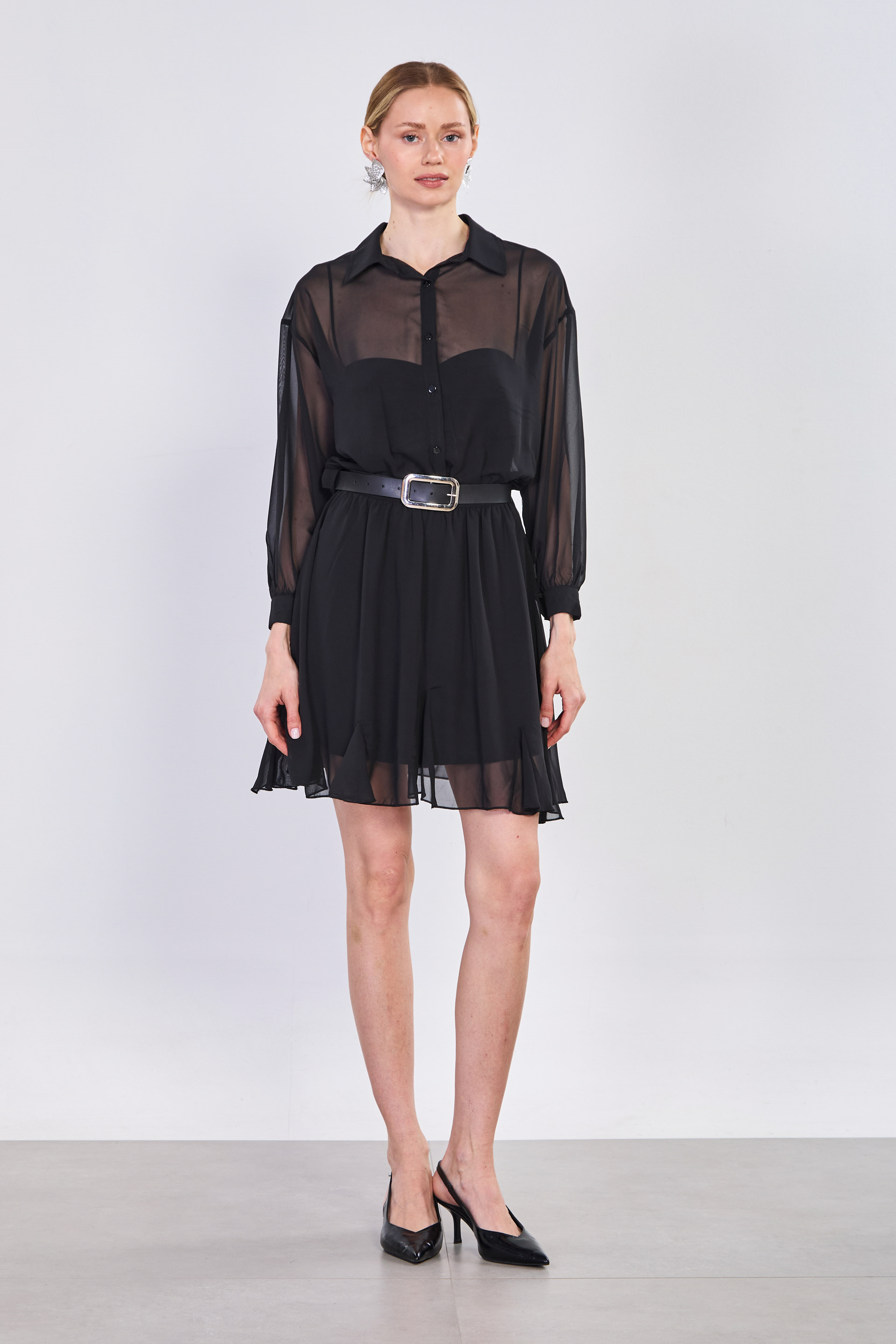 Kadın Kemerli Astarlı Şifon Elbise - Siyah