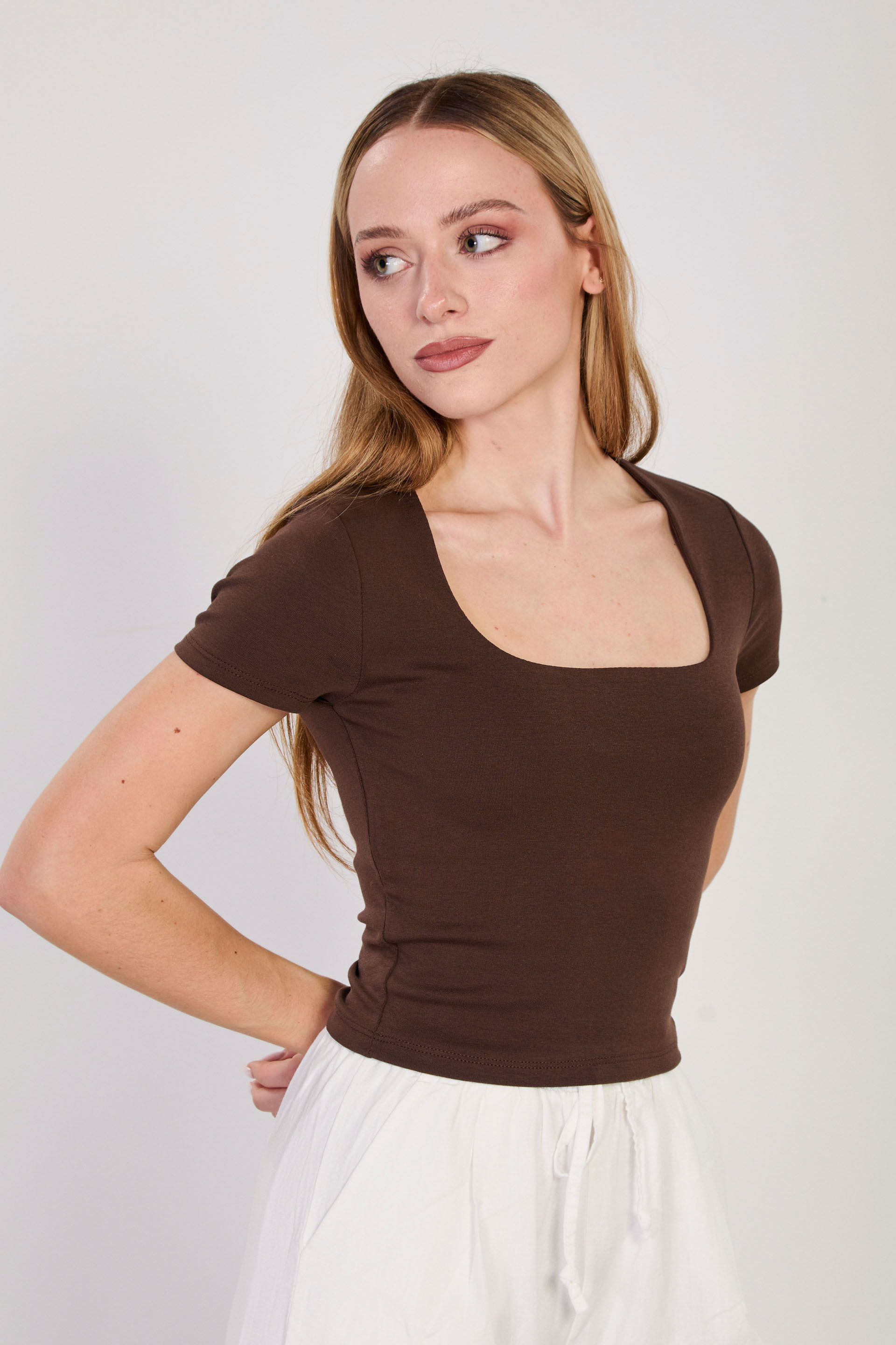 Kadın Kare Yaka Basic Body - Acı Kahve