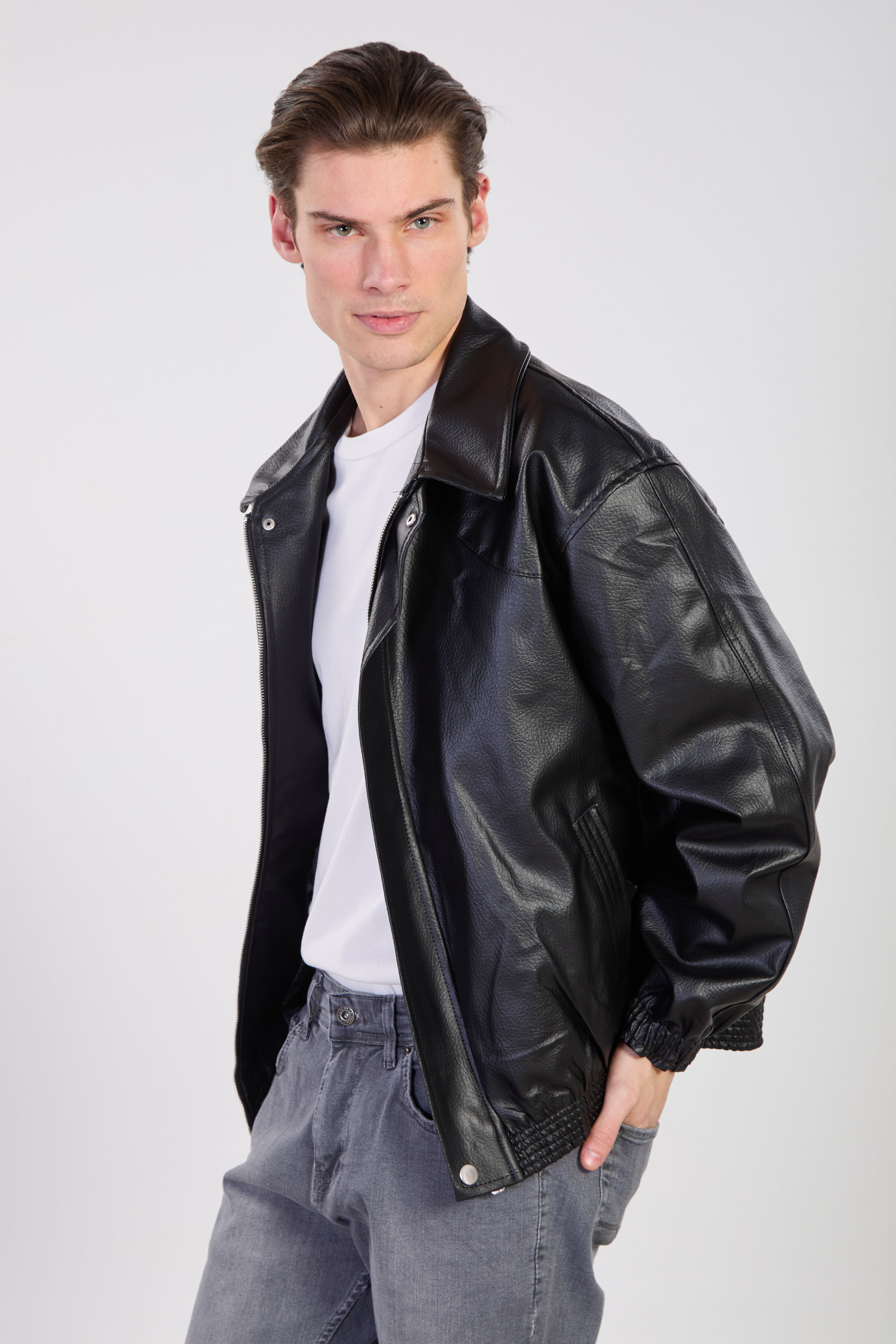 Erkek Çift Cep Detaylı Bomber Deri Mont - Siyah