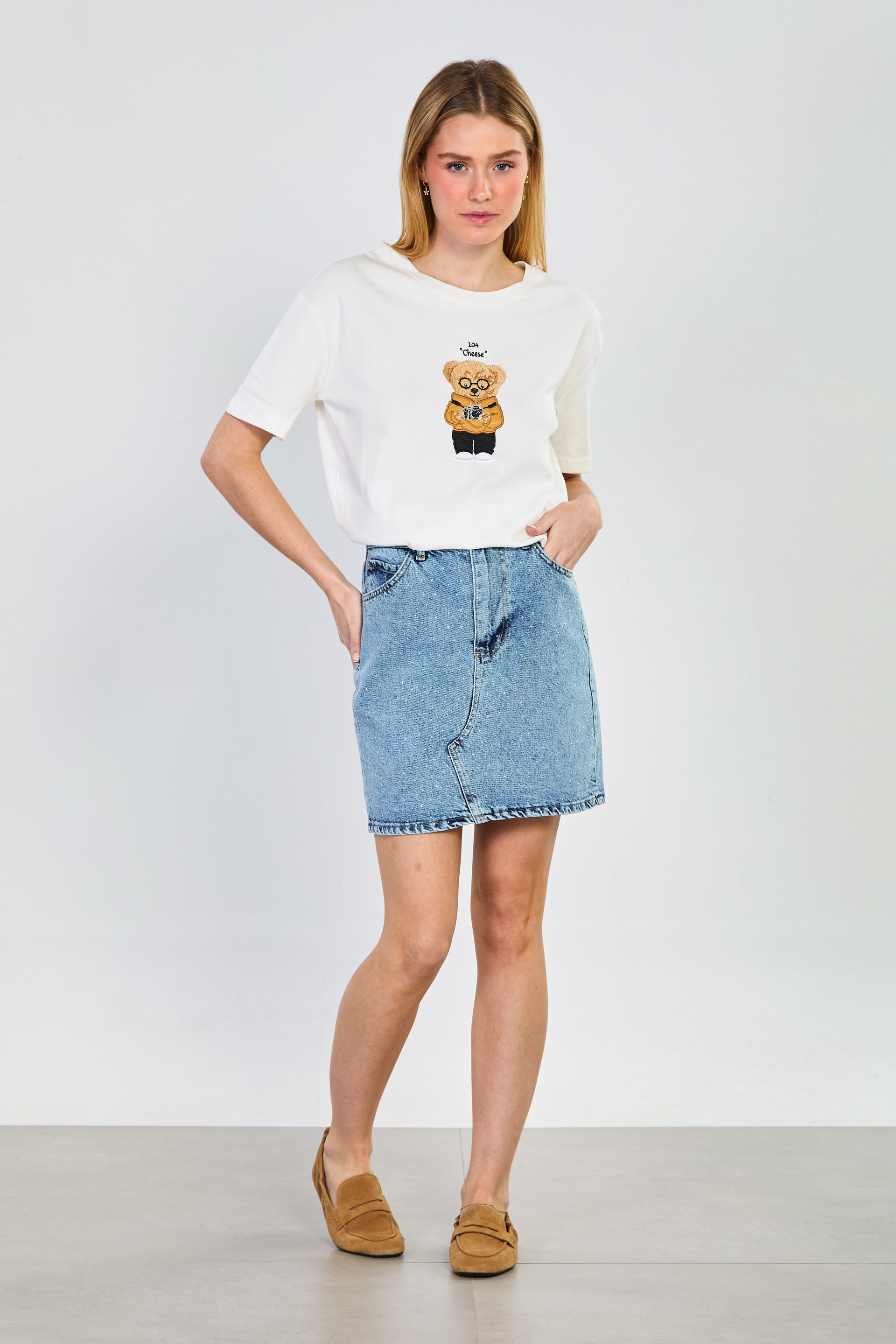 Kadın Önü Taşlı Mini Denim Etek - Mavi Kar Y.