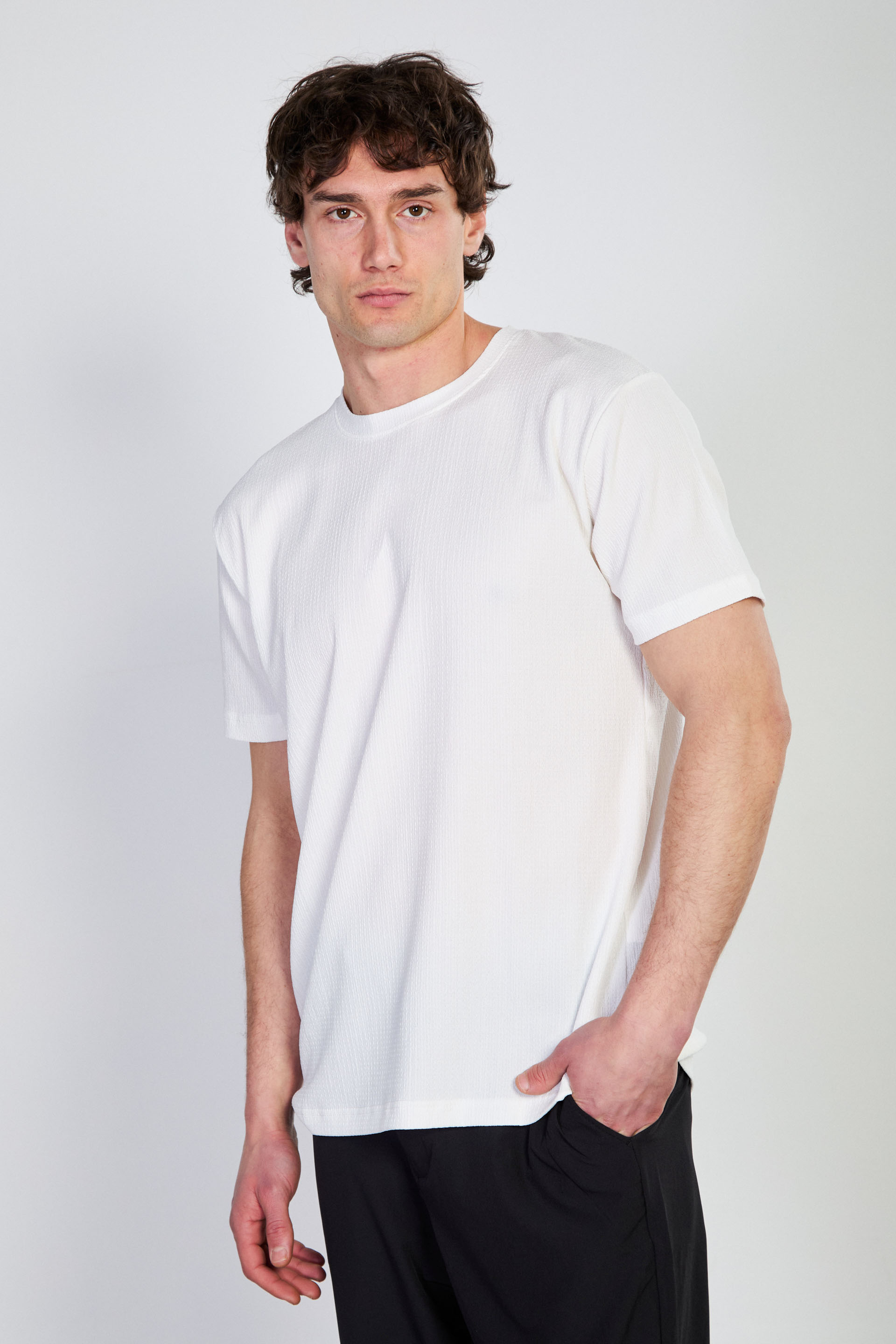 Erkek Bisiklet Yaka Bürümcük T-Shirt - Beyaz