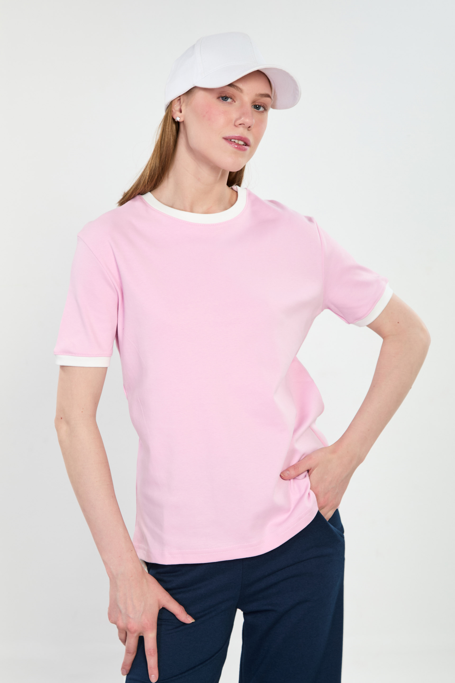 Kadın Bisiklet Yaka Ribanalı Kısa Kollu T-Shirt - Pembe