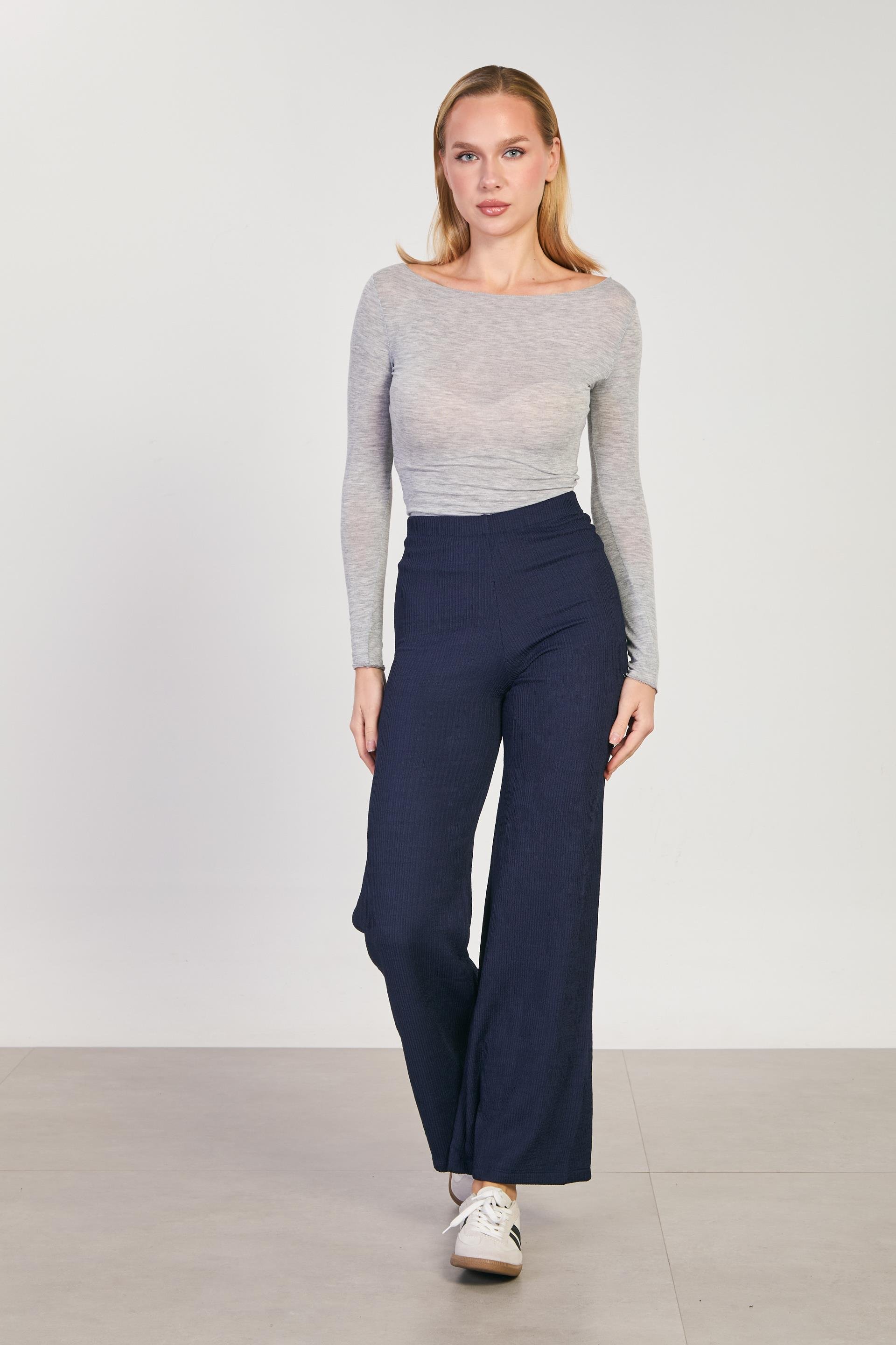 Kadın Beli Lastikli Dokulu Bol Pantolon - Lacivert