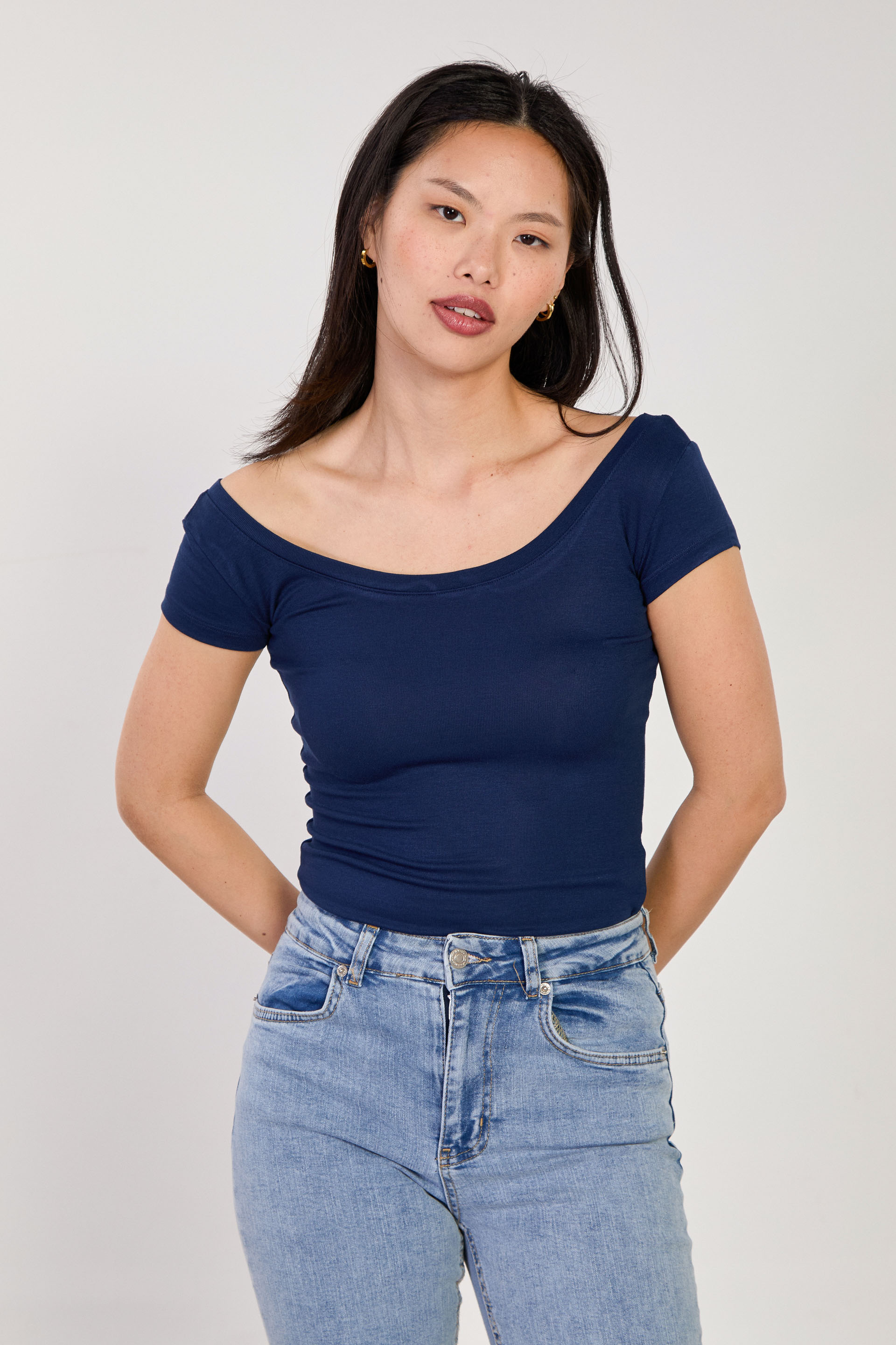 Kadın Ön Arka Açık Yaka Basic Kısa Kol Body - Lacivert