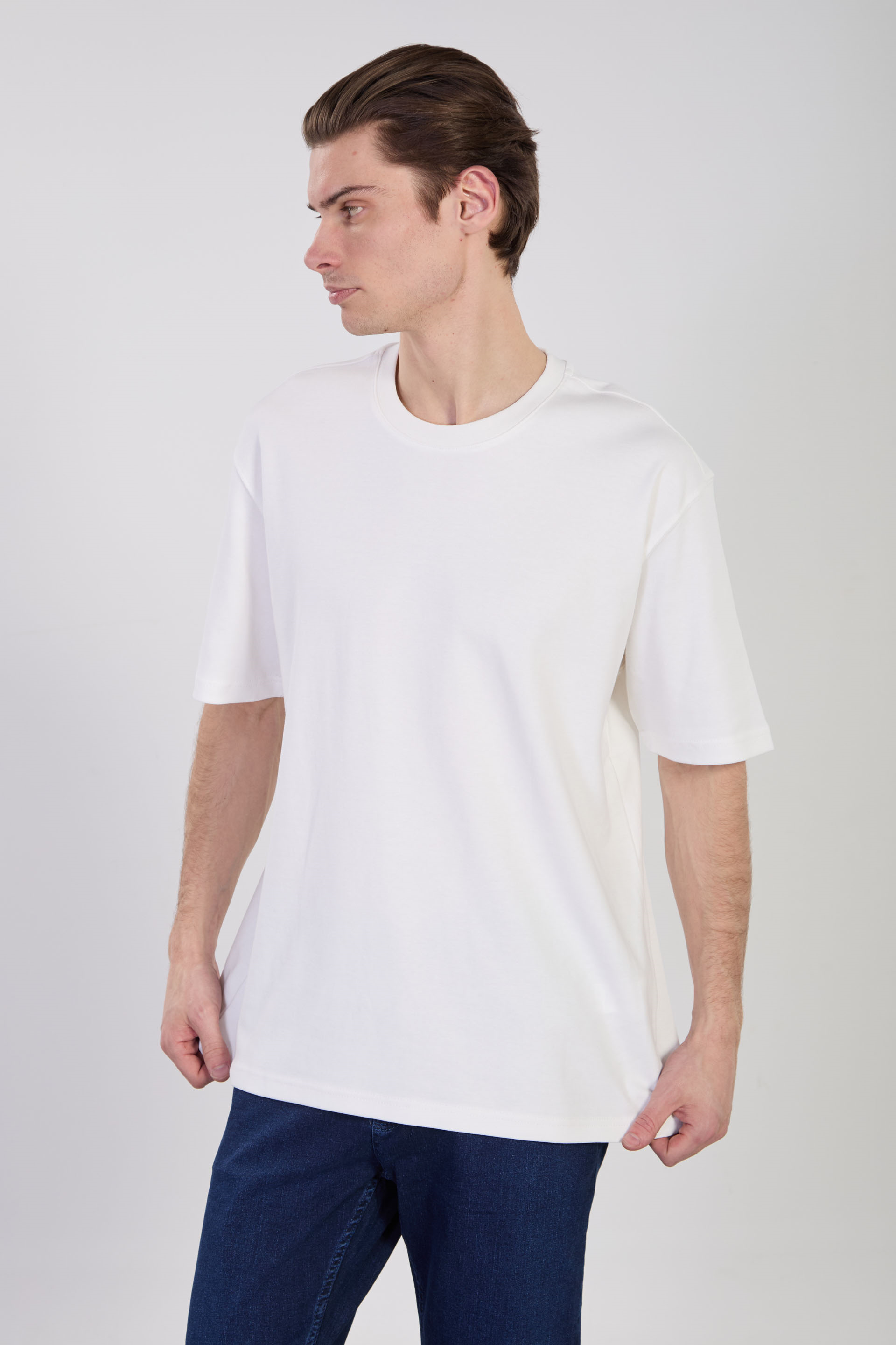 Erkek Bisiklet Yaka Oversize T-Shirt - Beyaz