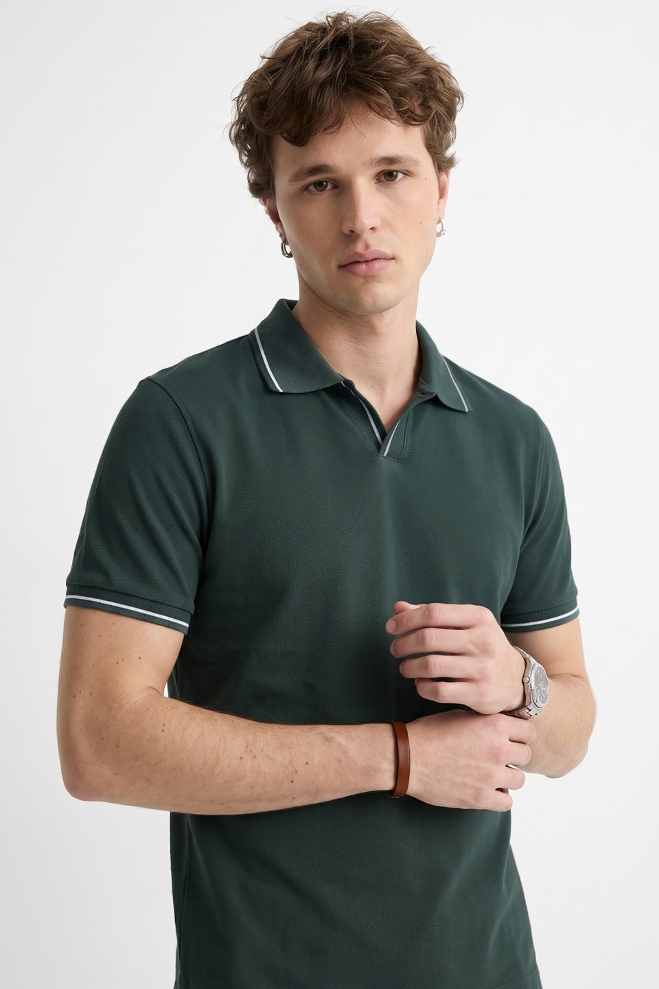 Erkek Polo Yaka Kontrast Şeritli T-Shirt - Yeşil