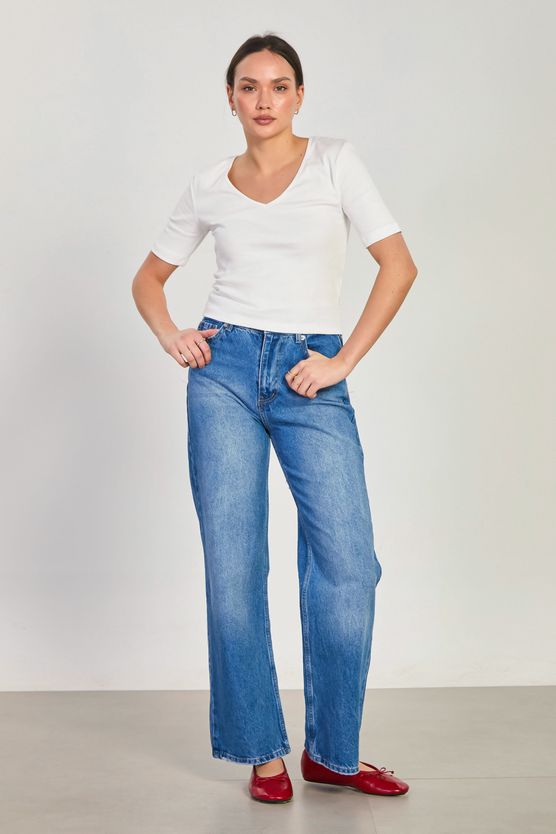 Kadın Yıkamalı Palazzo Jean Pantolon - Mavi