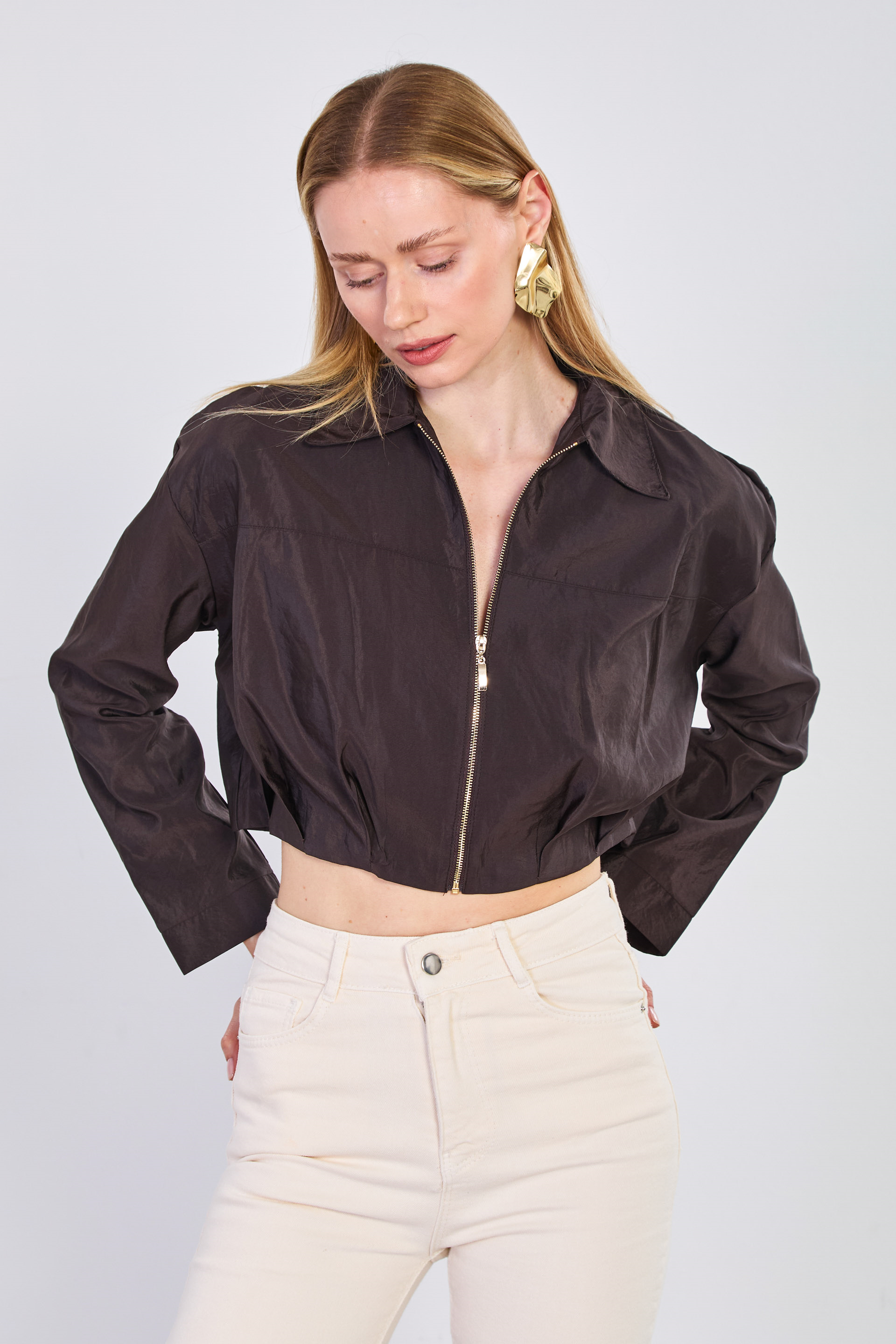 Kadın Fermuarlı Balon Ceket - Acı Kahve