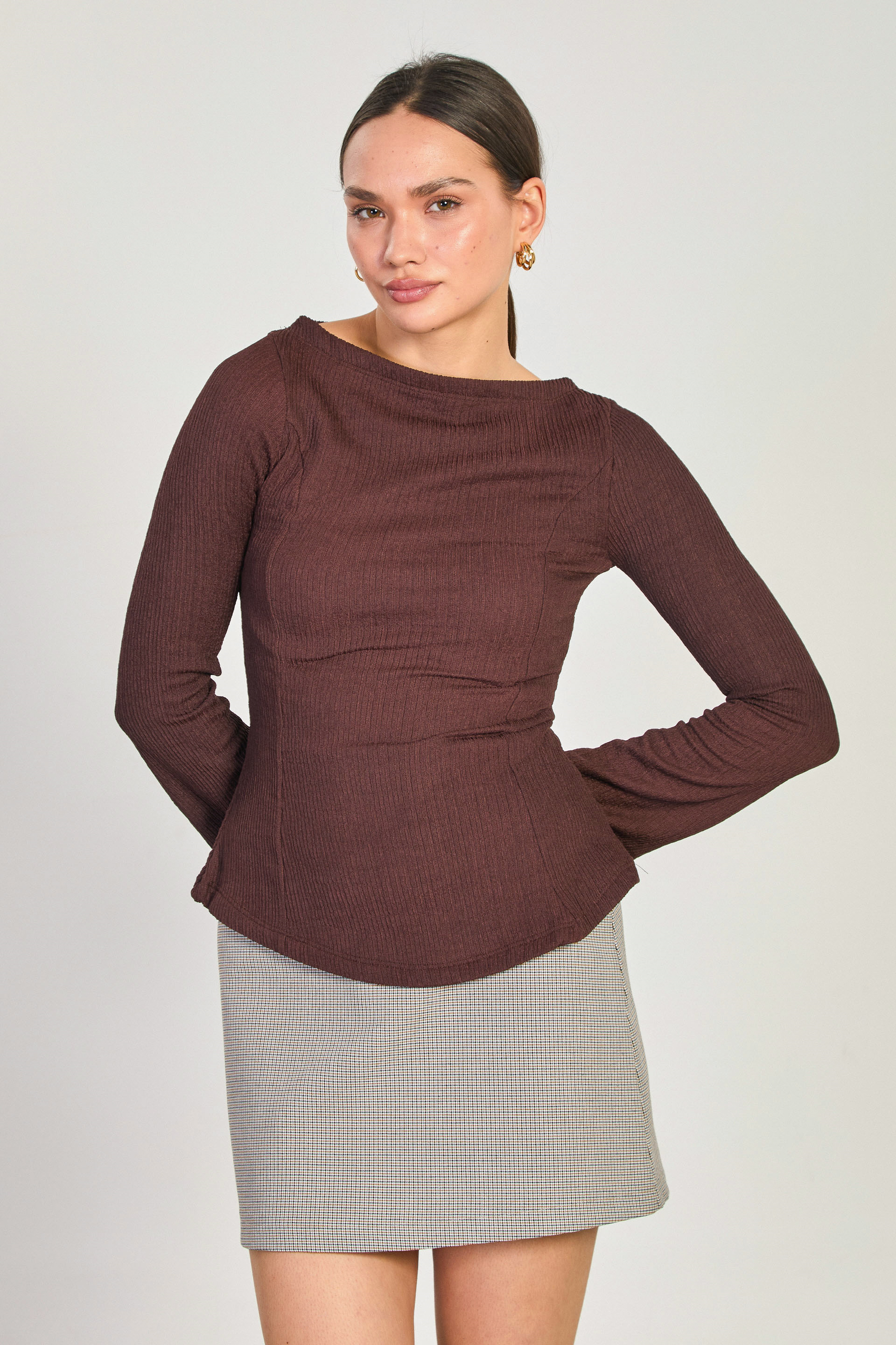 Kadın Kayık Yaka İspanyol Kol Bluz - Kahve