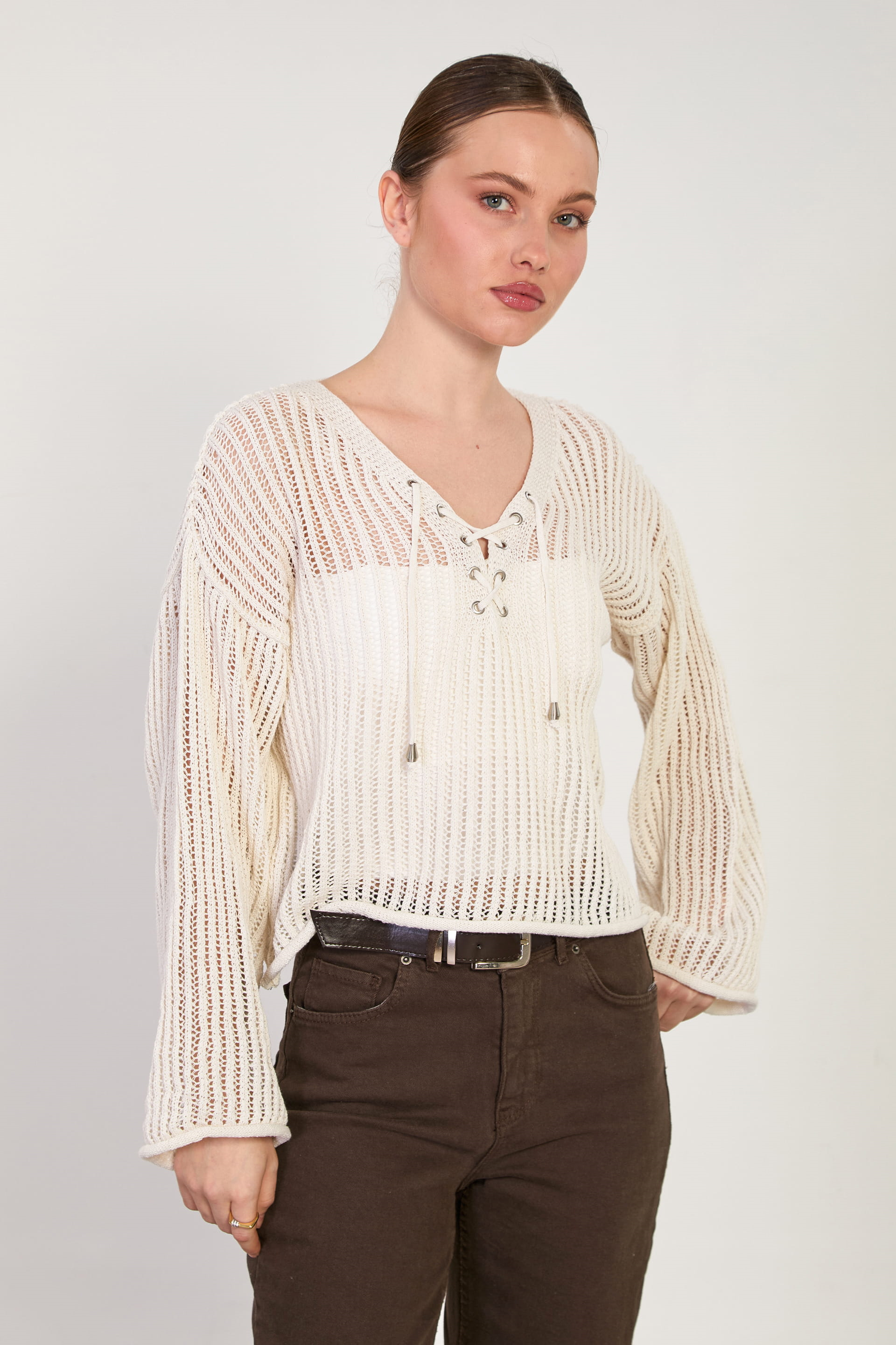 Kadın Yaka Bağcıklı Ajurlu Kazak - Natural