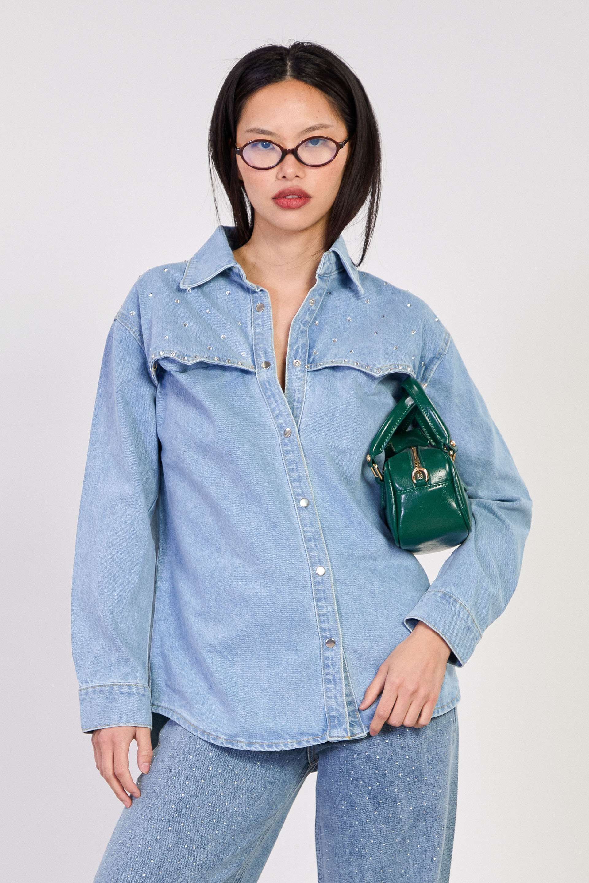 Kadın Omuz Taşlı Uzun Kol Denim Ceket - Açık Mavi