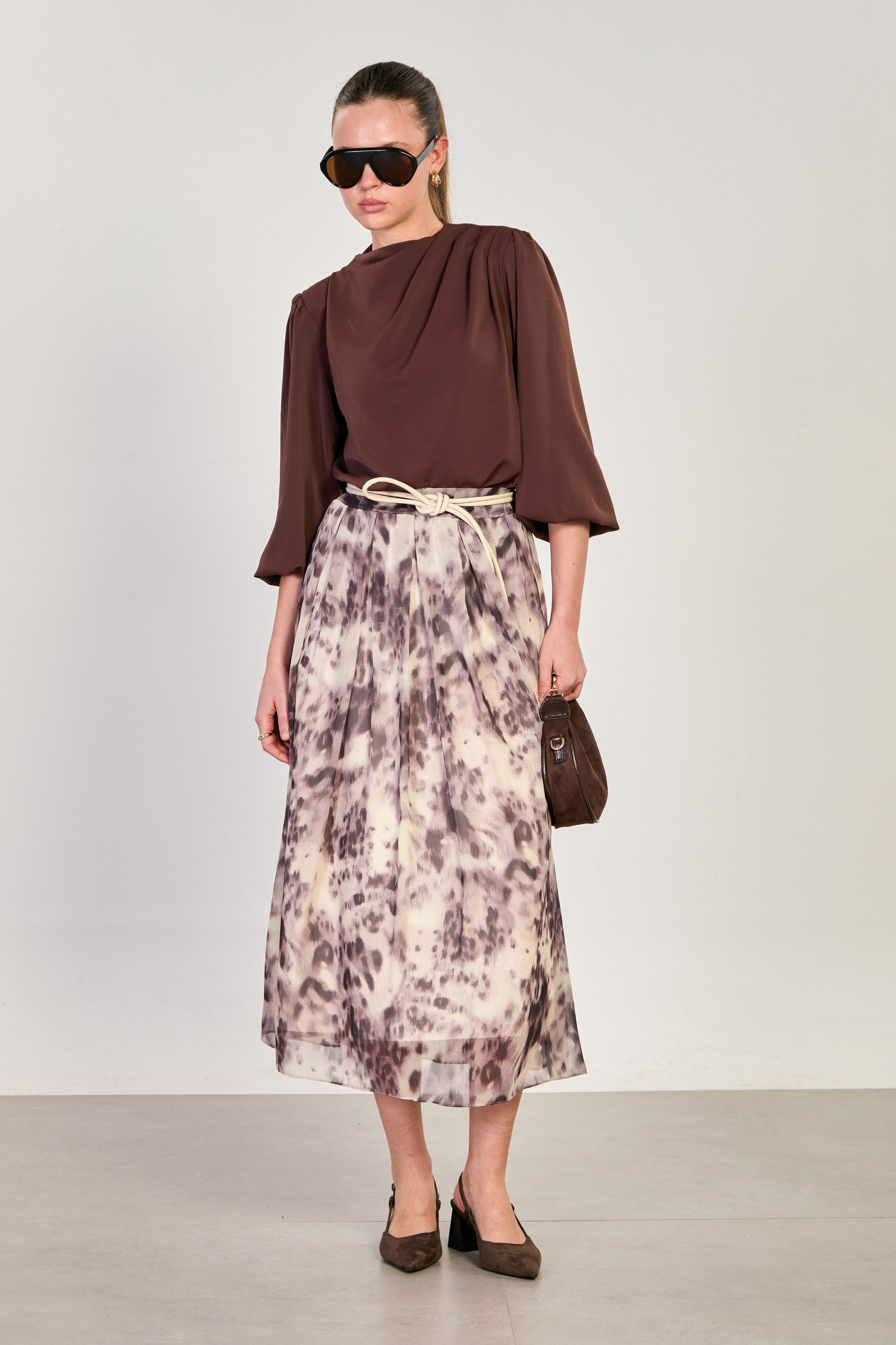 Kadın Beli Lastikli Midi Etek - Mor