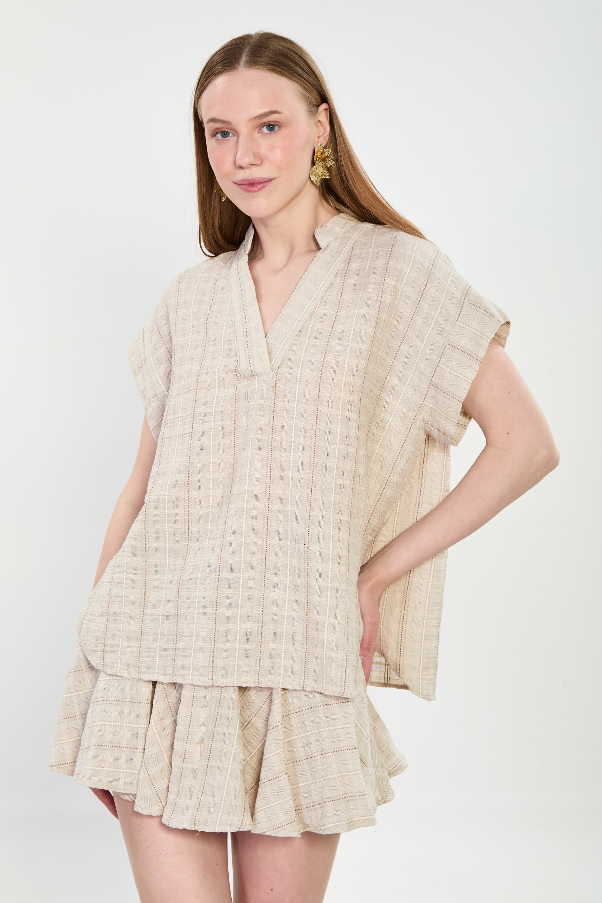 Kadın Çizgili V Yaka Kısa Kol Bluz - Taş