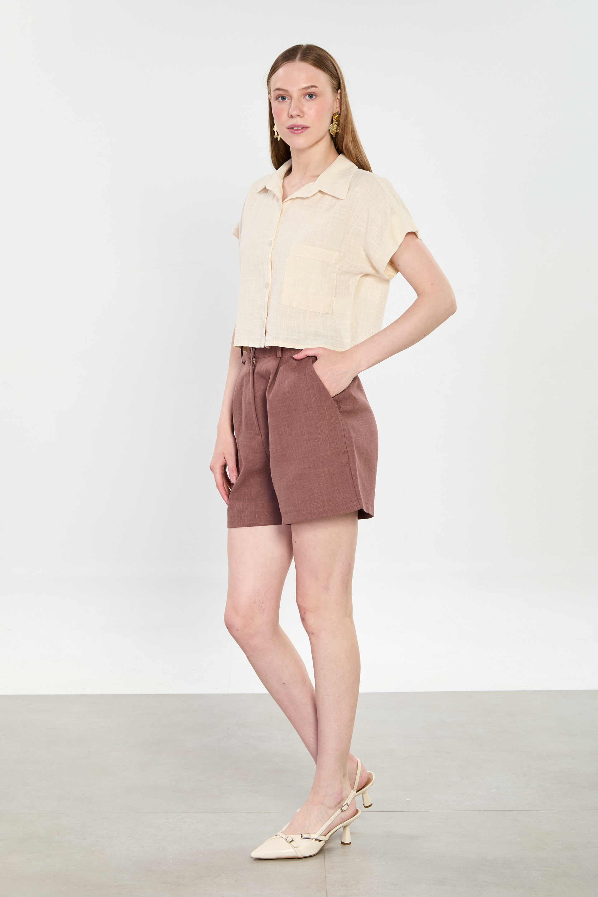 Kadın Keten Şort - Acı Kahve