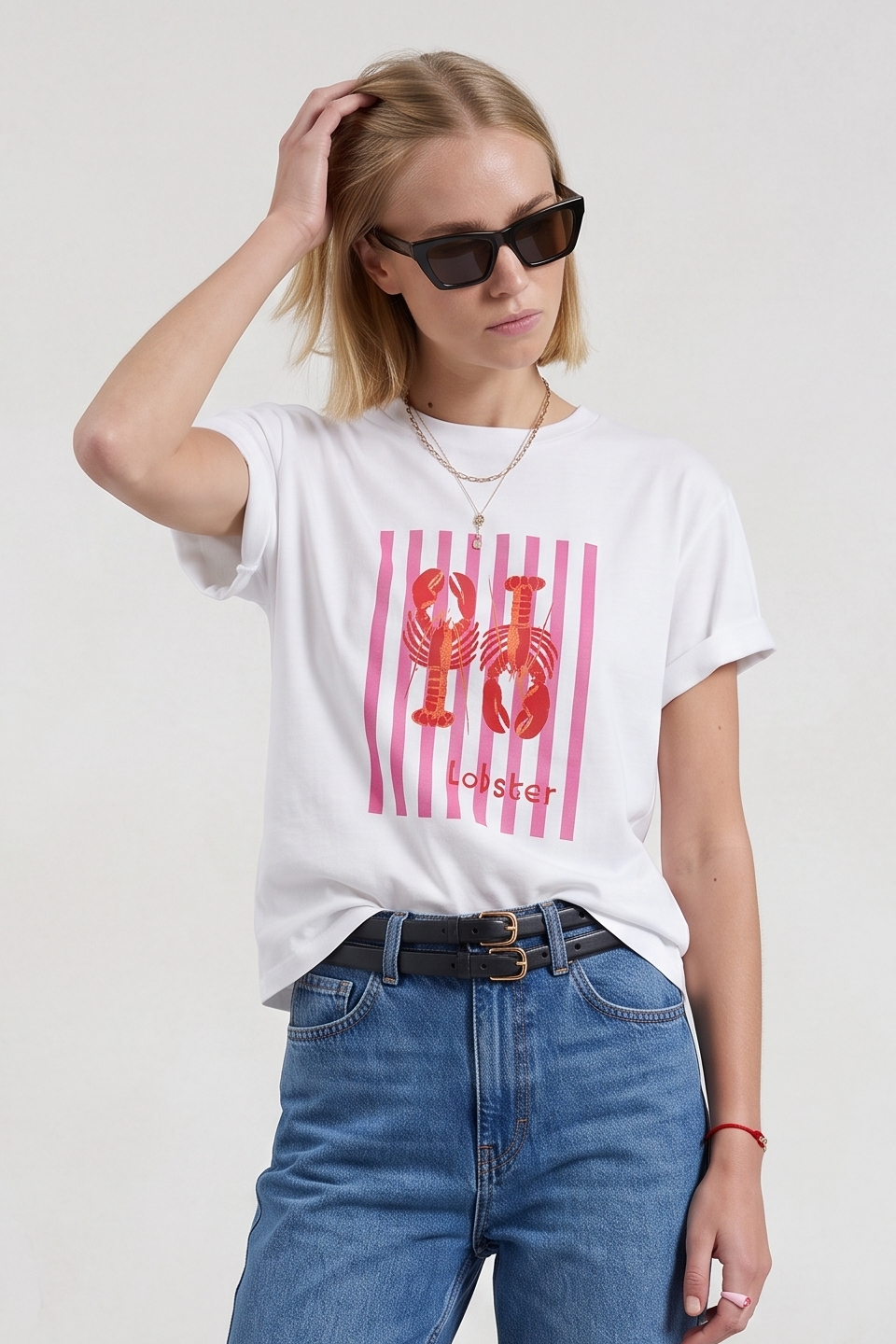 Kadın İkili Istakoz Baskılı T-Shirt - Ekru