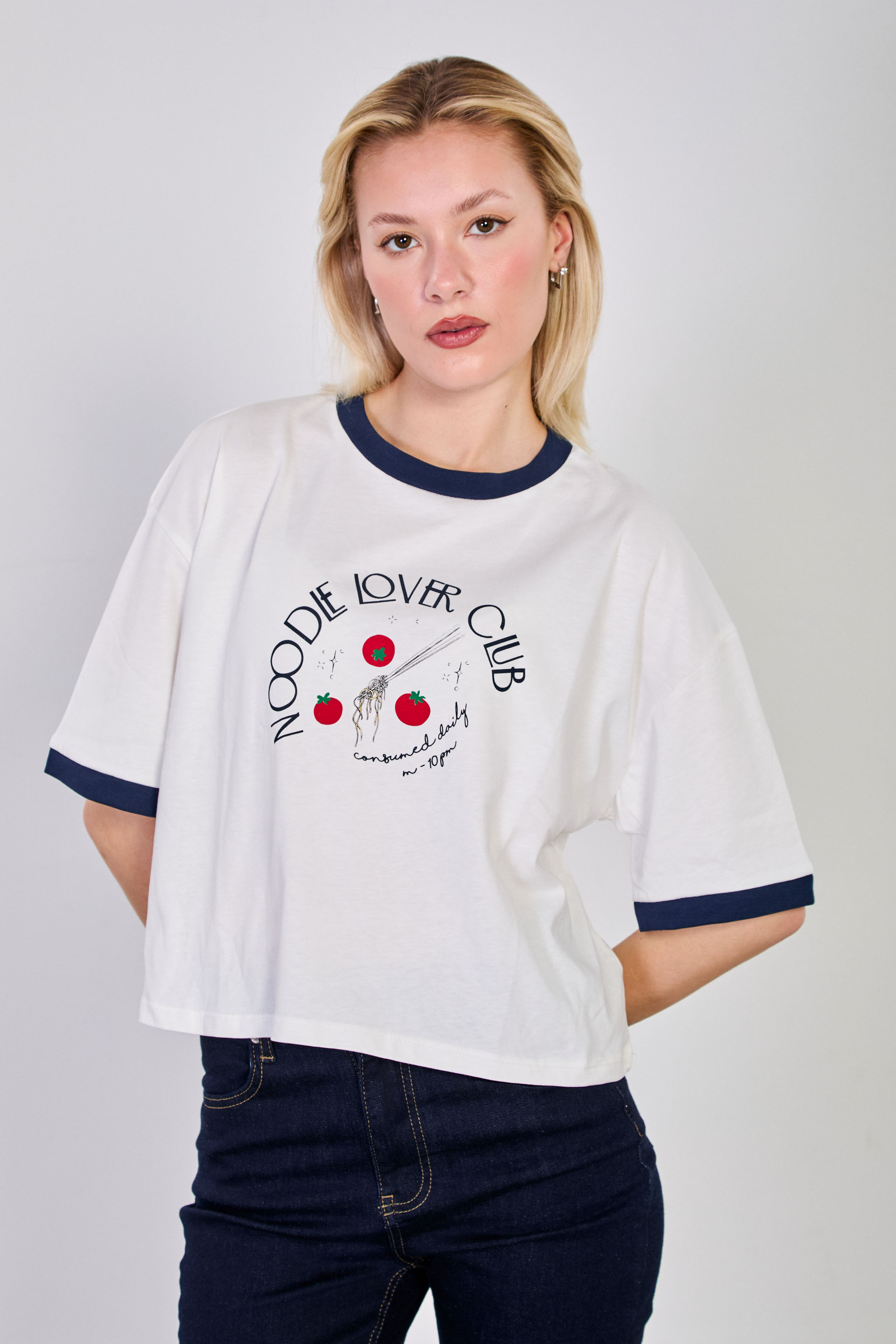 Kadın Noodle Baskılı Garnili T-Shirt - Ekru