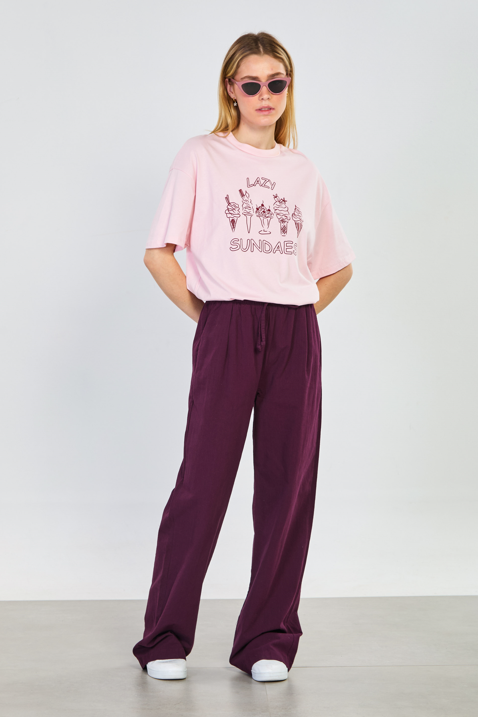 Kadın Belden Bağlamalı Bol Kesim Pantolon - Mürdüm