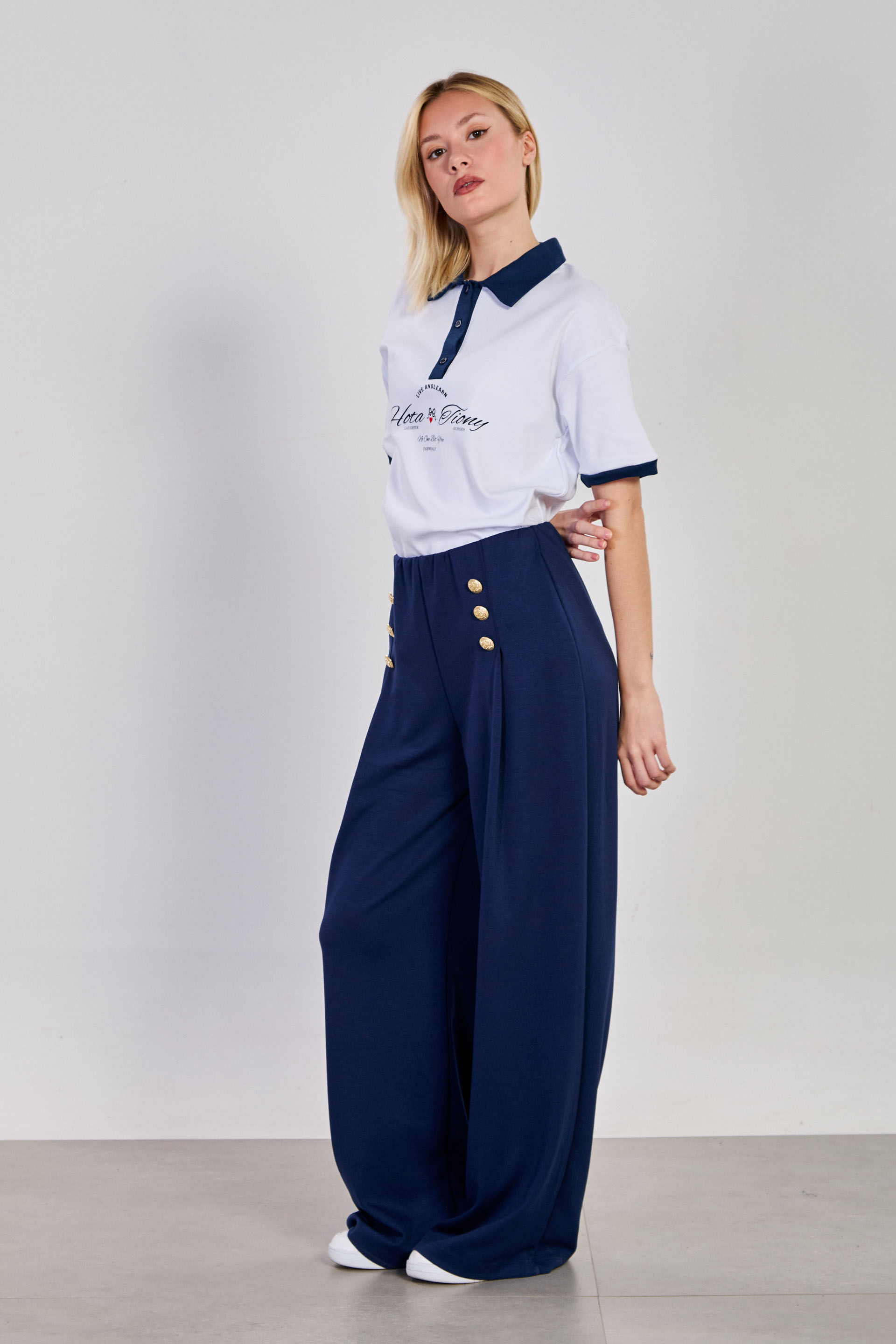 Kadın Gold Düğmeli Pensli Bol Pantolon - Lacivert