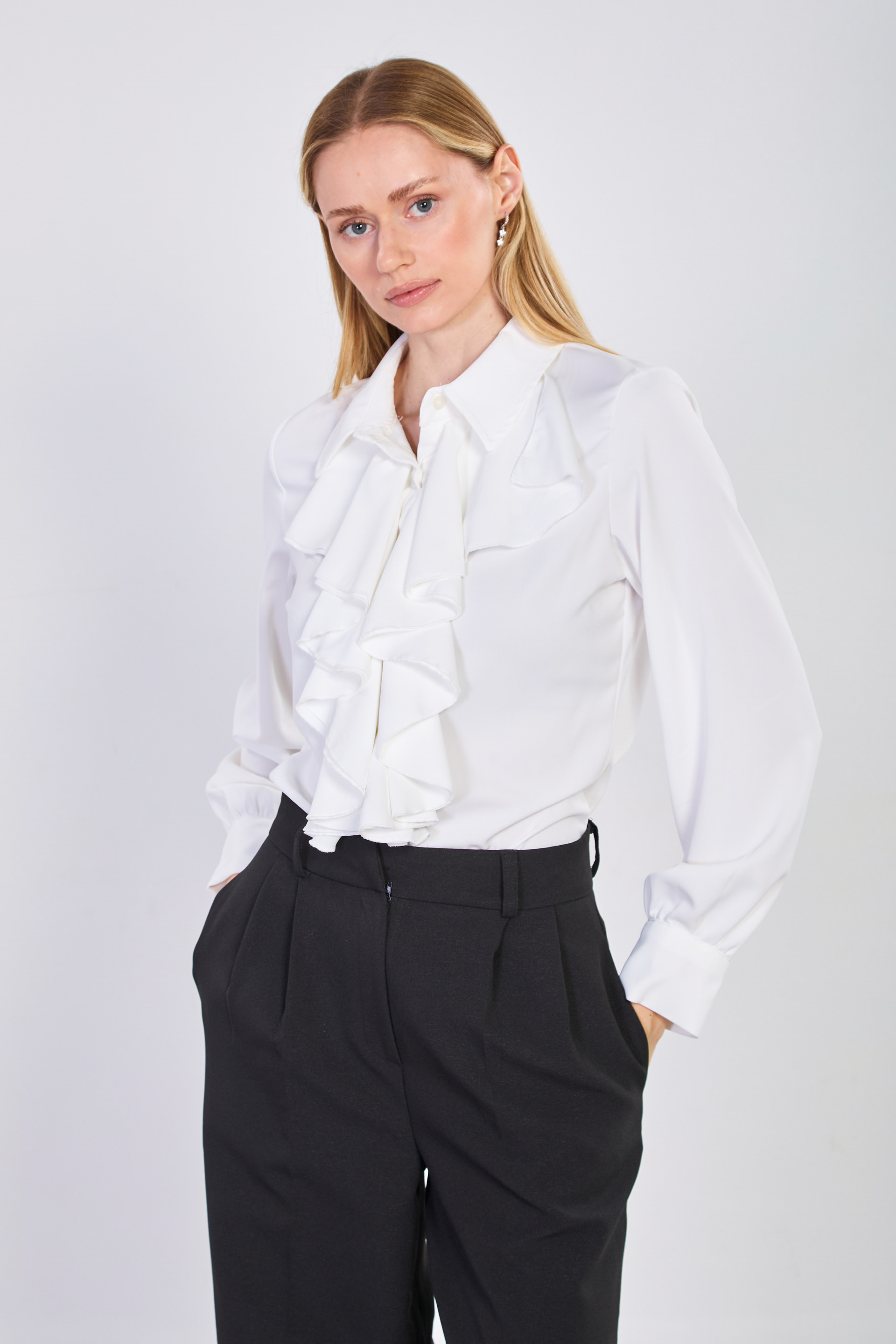 Kadın Önü Fırfırlı Uzun Kollu Gömlek - Beyaz