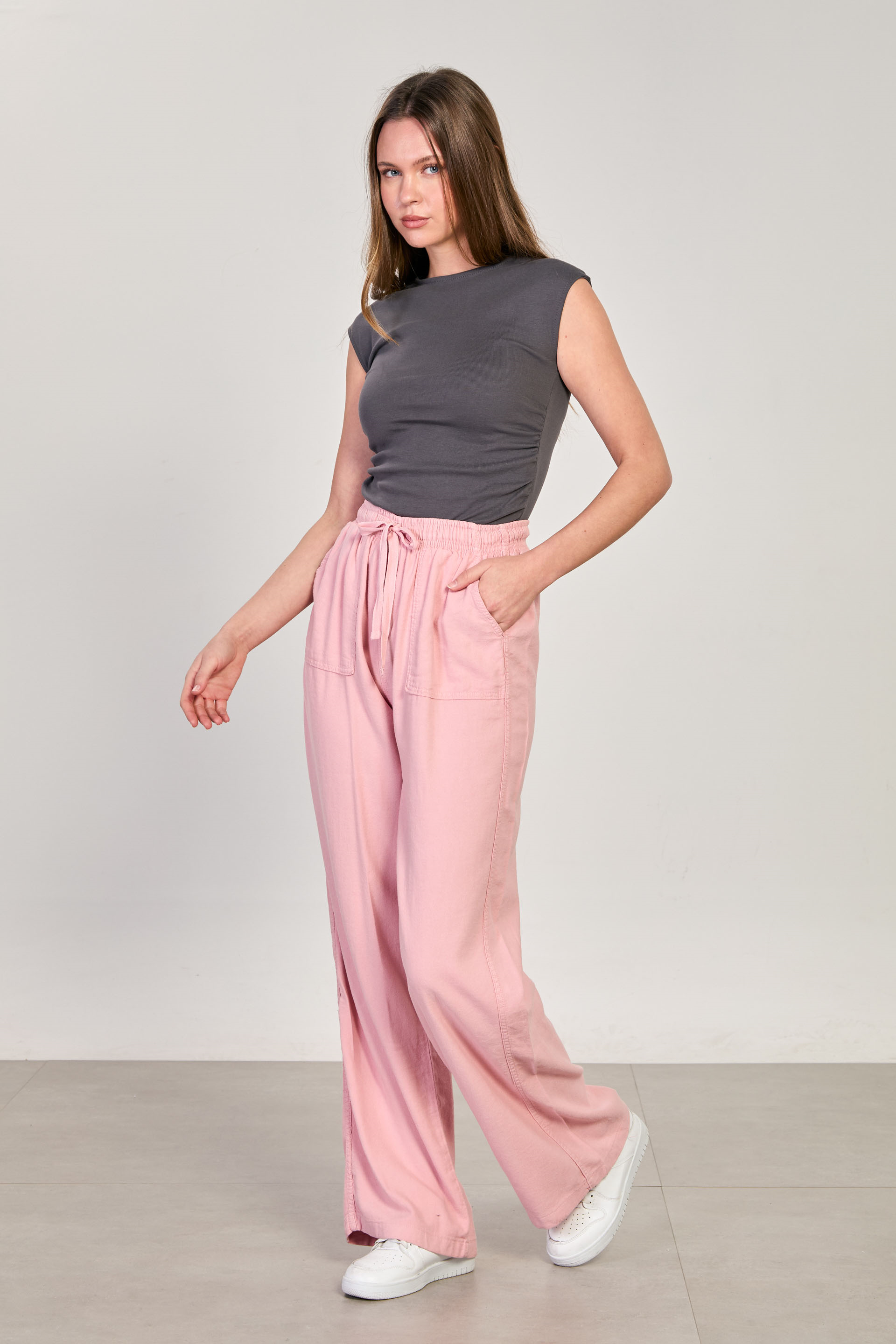 Kadın Beli Lastikli Kare Cep Bol Pantolon - Pembe