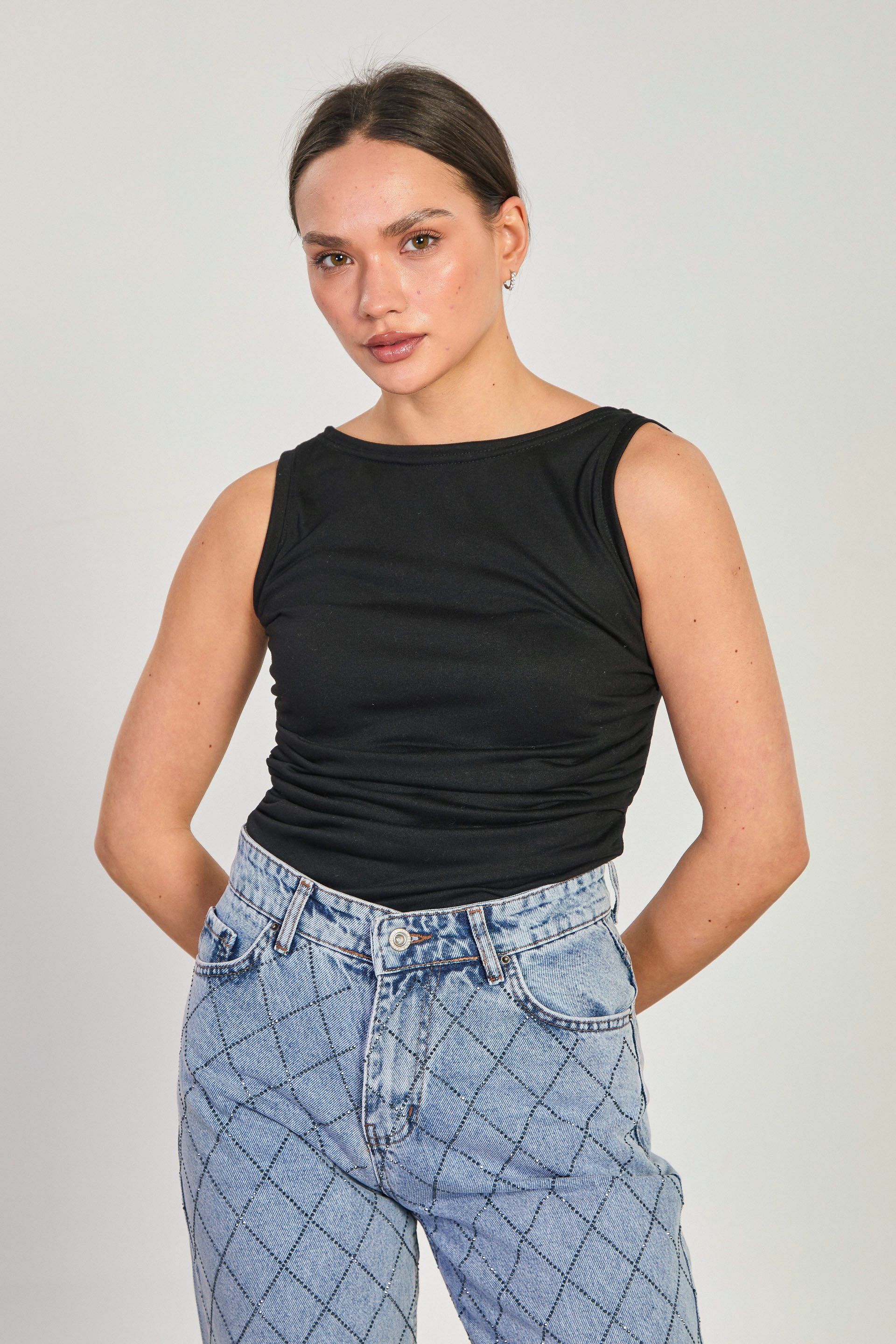 Kadın Yanları Büzgülü Kayık Yaka Body - Siyah