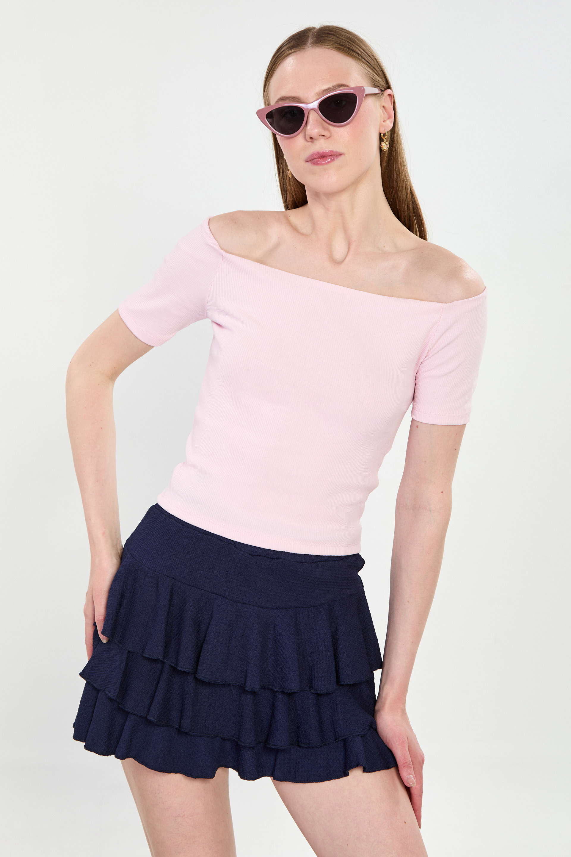Kadın Kayık Yaka Kısa Kol Body - Pembe