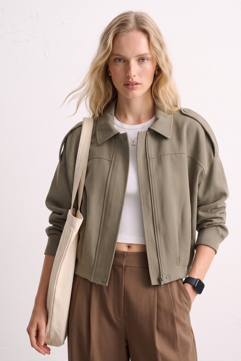Kadın Omzu Apolet Detaylı Oversize Ceket - Olive