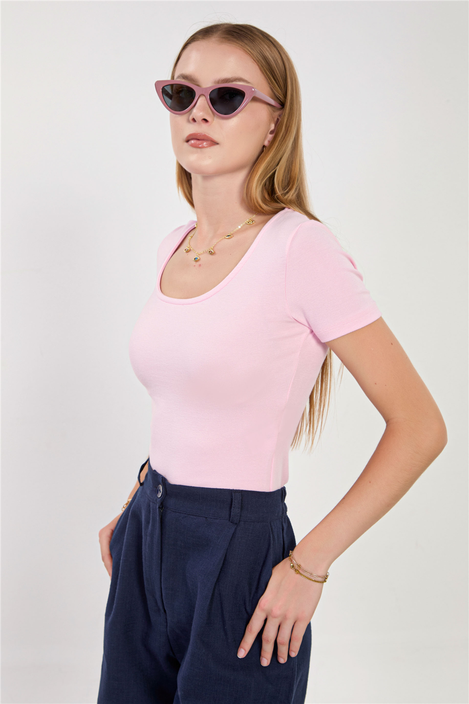 Kadın Ön Arka Açık Yaka Body - Pembe