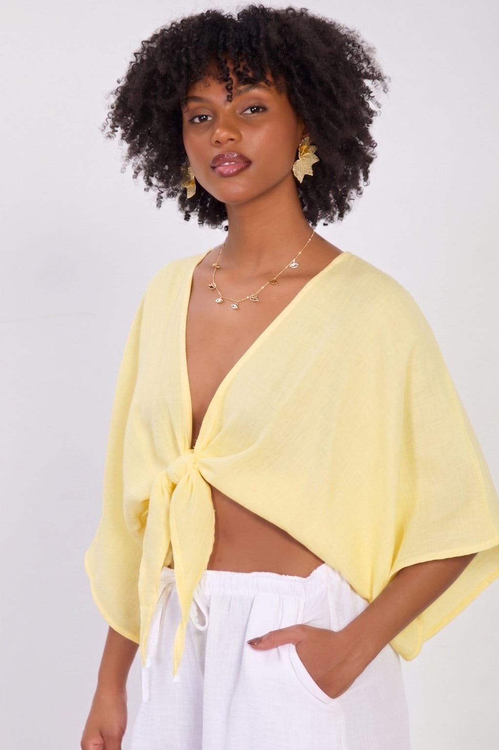 Kadın Önü Bağlamalı Crop Bluz - Sarı