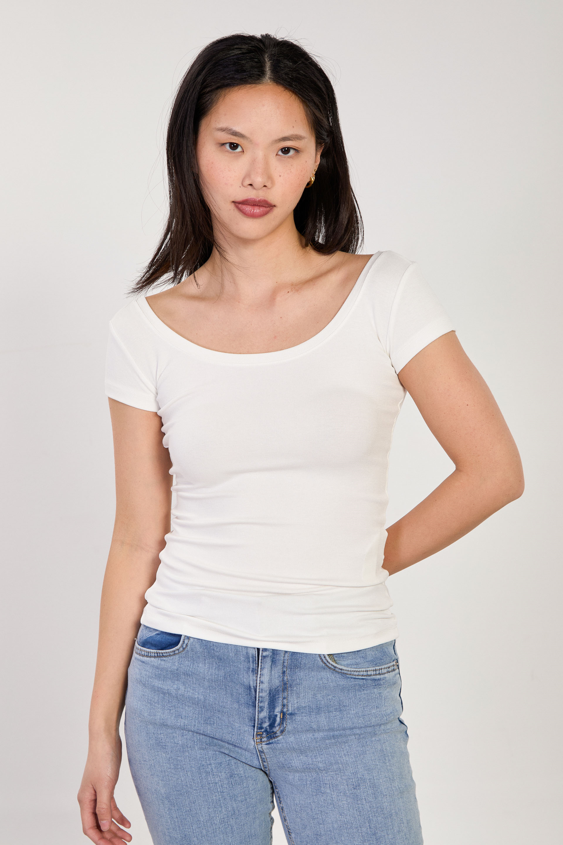 Kadın Ön Arka Açık Yaka Basic Kısa Kol Body - Ekru