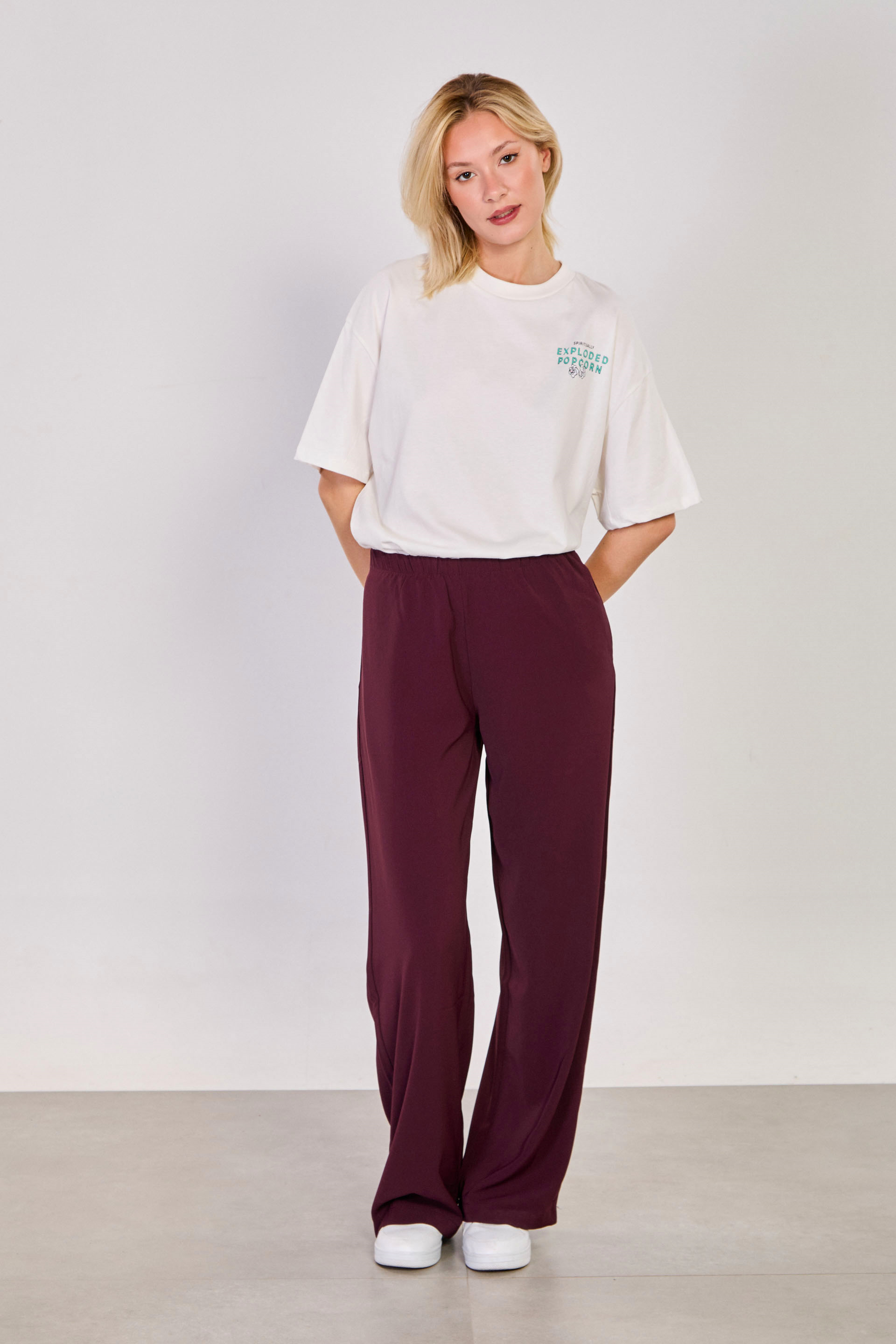 Kadın Beli Lastikli Dökümlü Bol Pantolon - Mürdüm