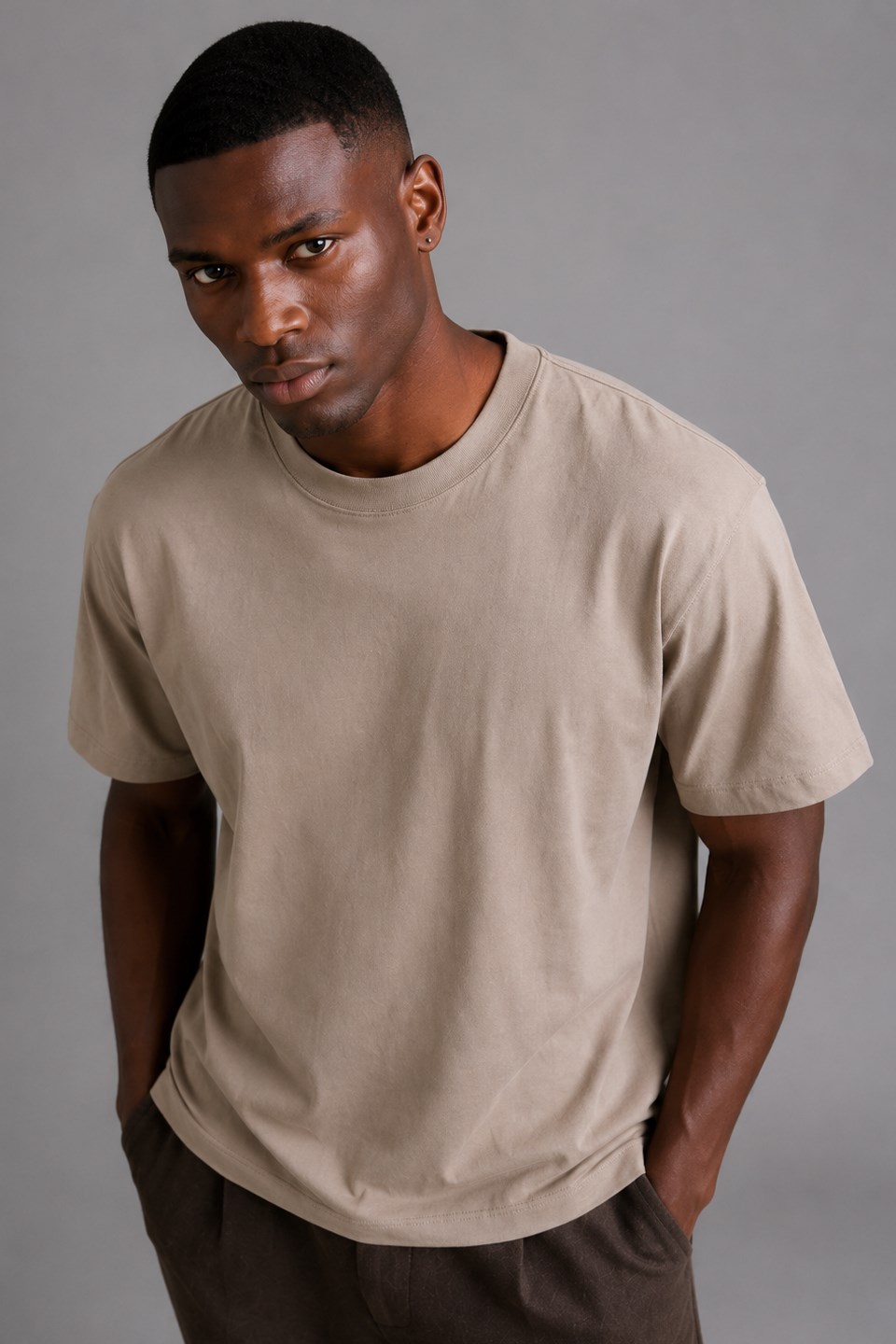 Erkek Yumuşak Dokulu Basic T-Shirt - Vizon