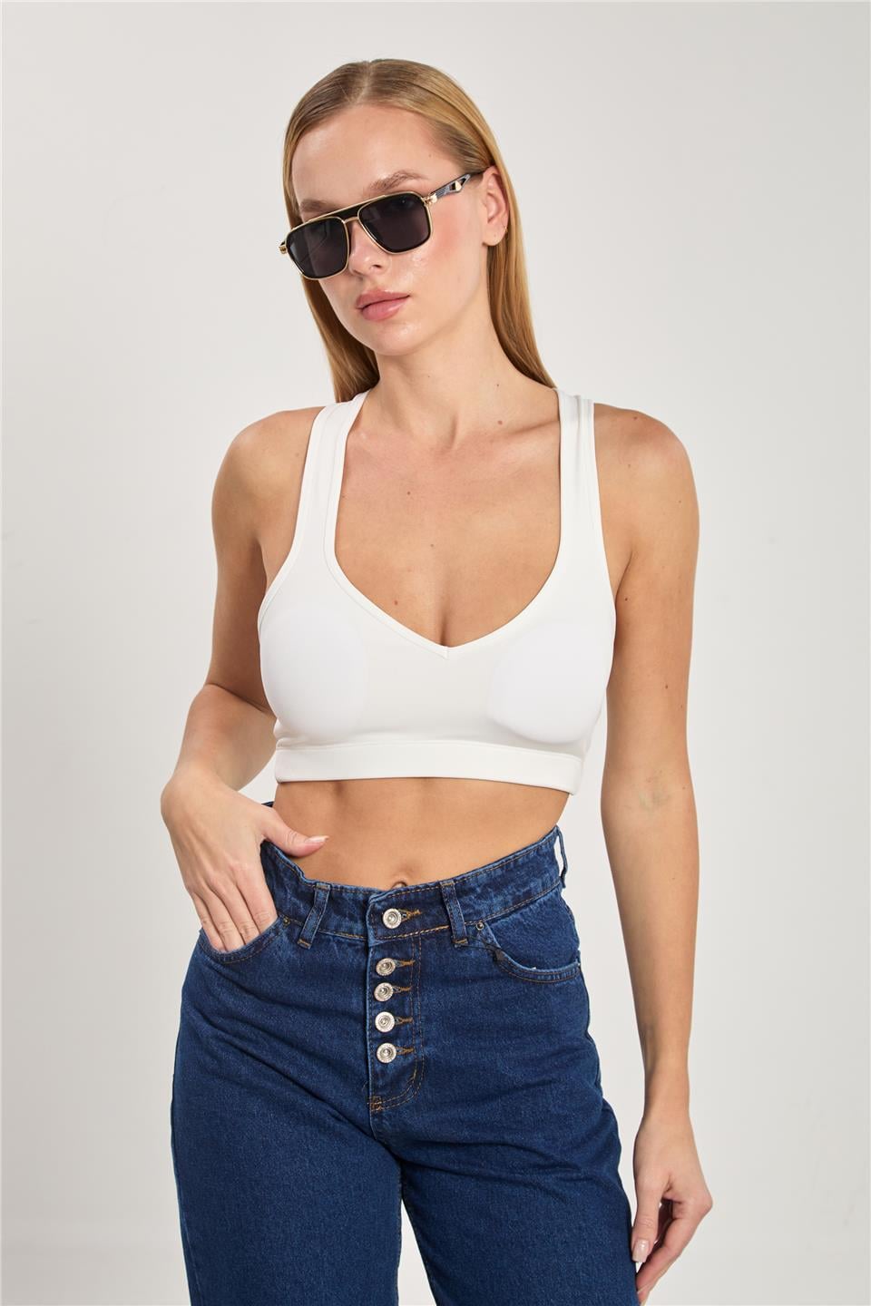 Kadın Kalın Askılı Arkası Çapraz Büstiyer - Ekru