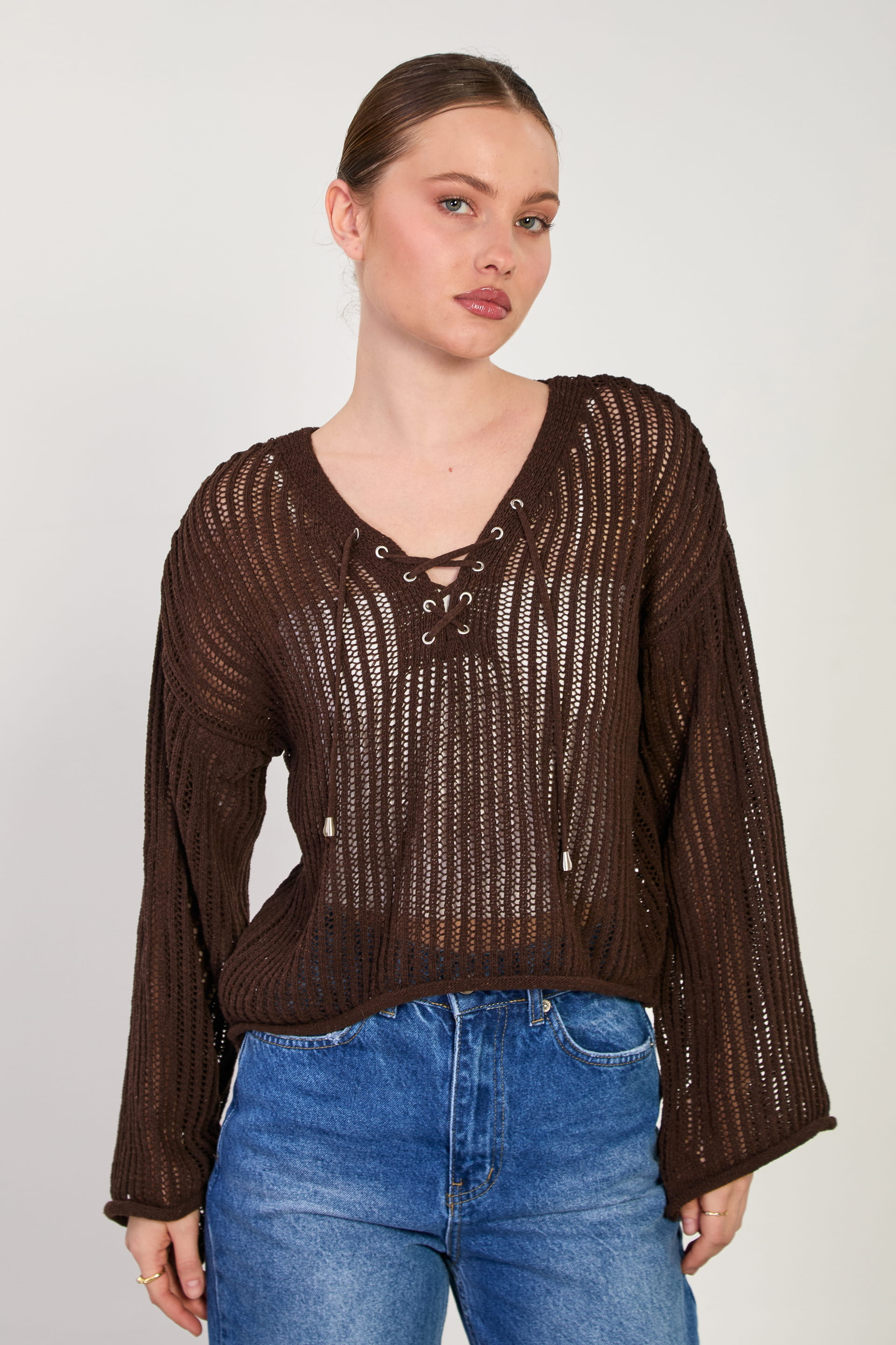 Kadın Yaka Bağcıklı Ajurlu Kazak - Acı Kahve