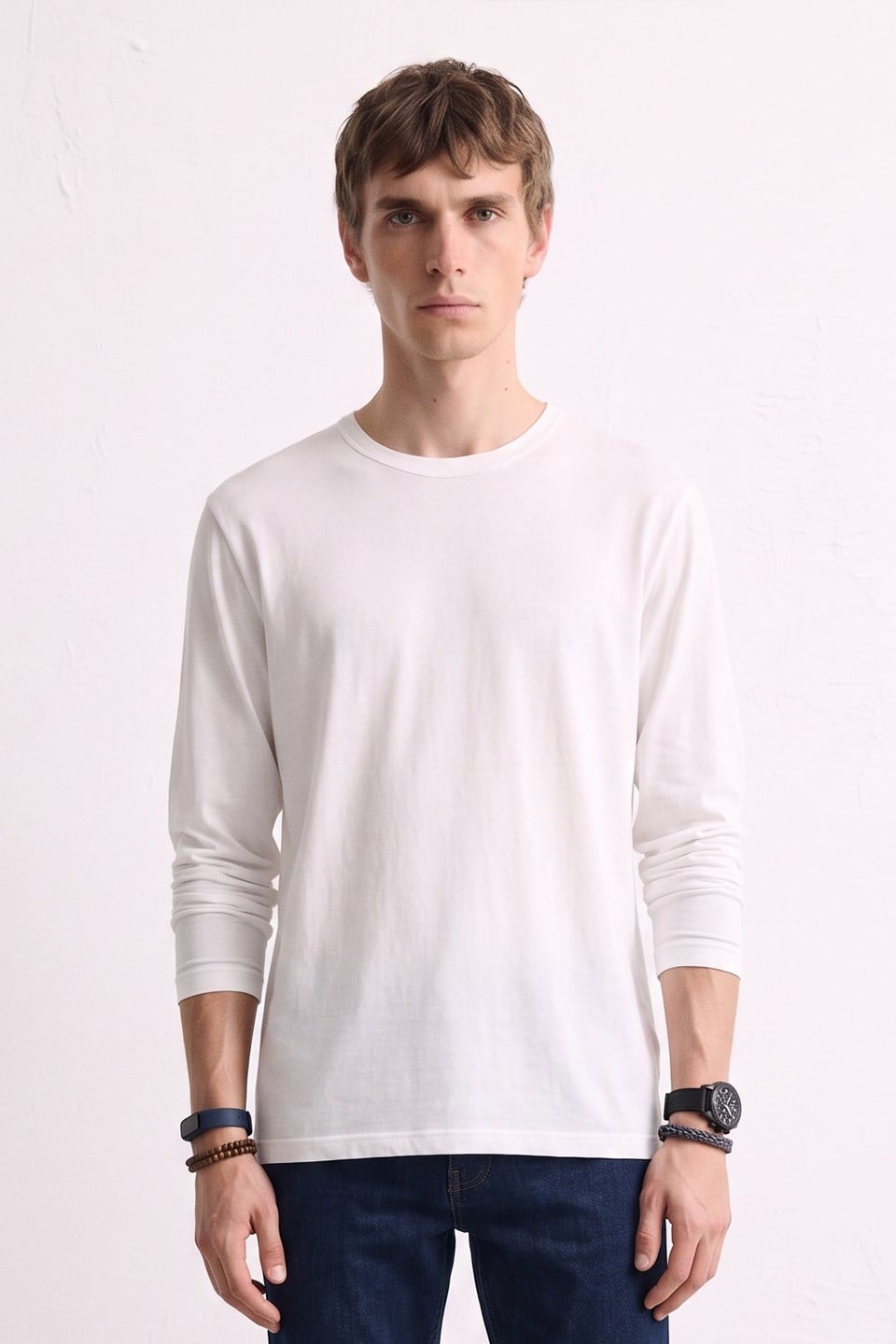 Erkek Bisiklet Yaka İnce Sweatshirt 5074 - Ekru