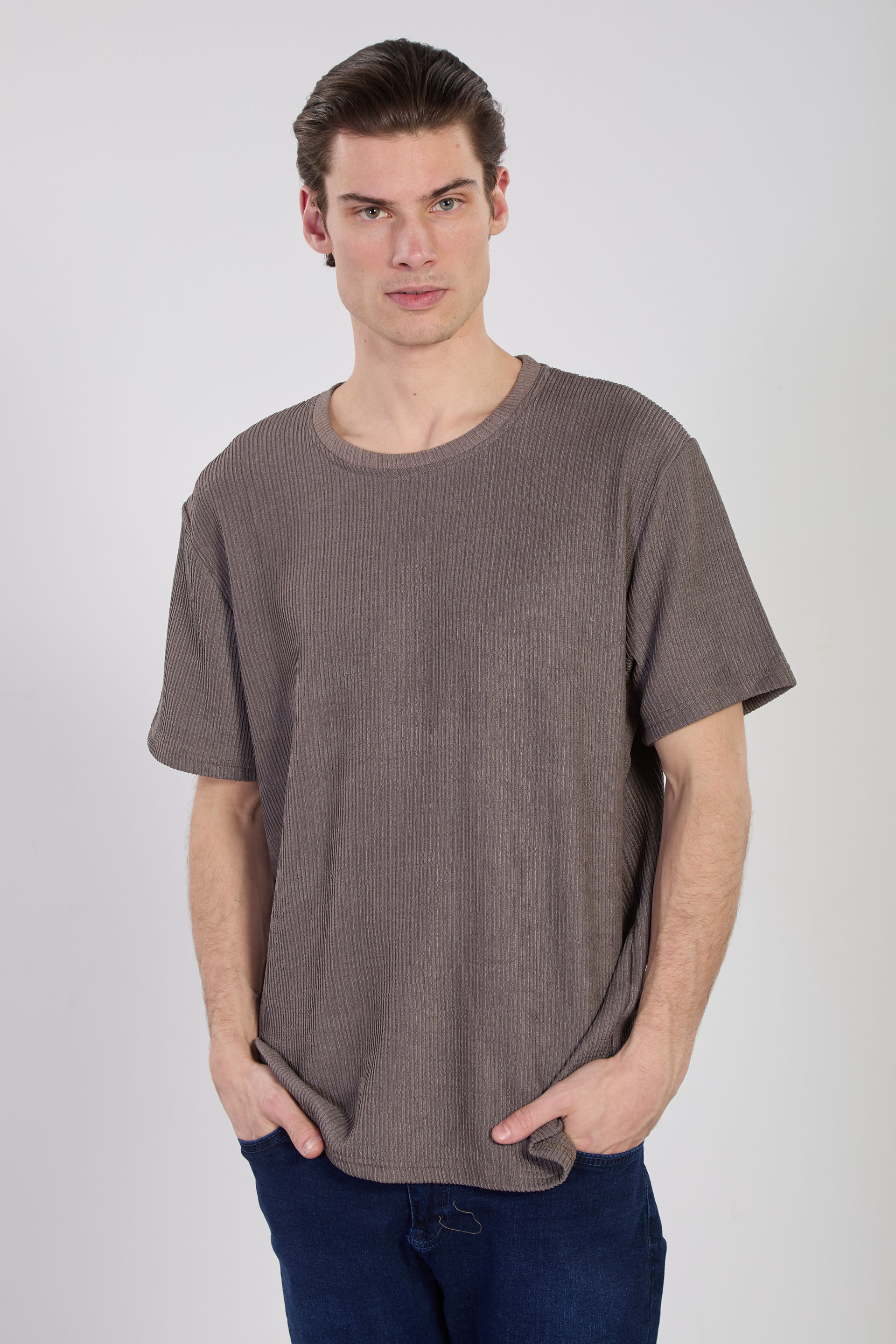 Erkek Bisiklet Yaka Melanj T-Shirt - Füme