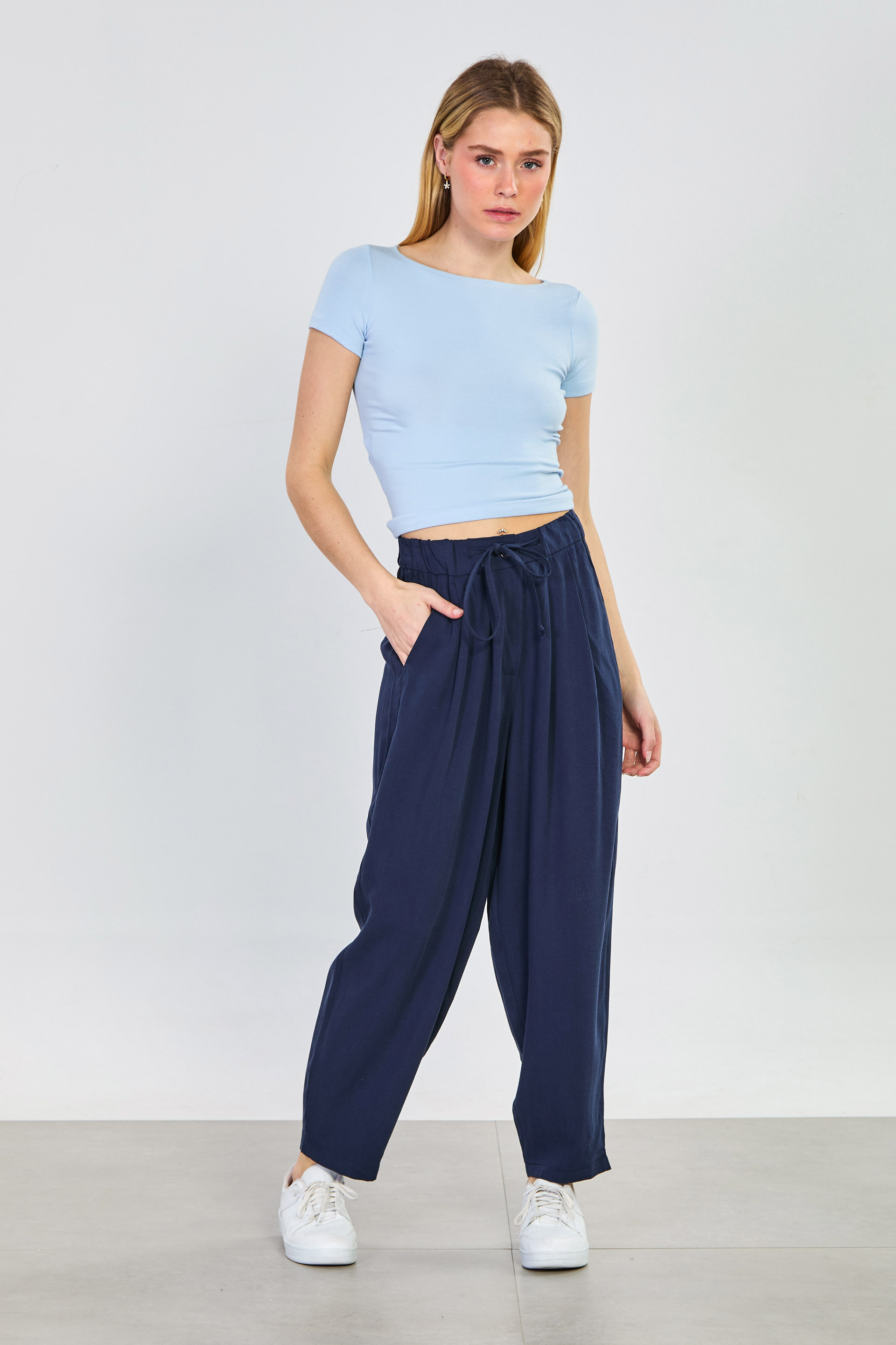 Kadın Beli İpli Havuç Pantolon - Lacivert