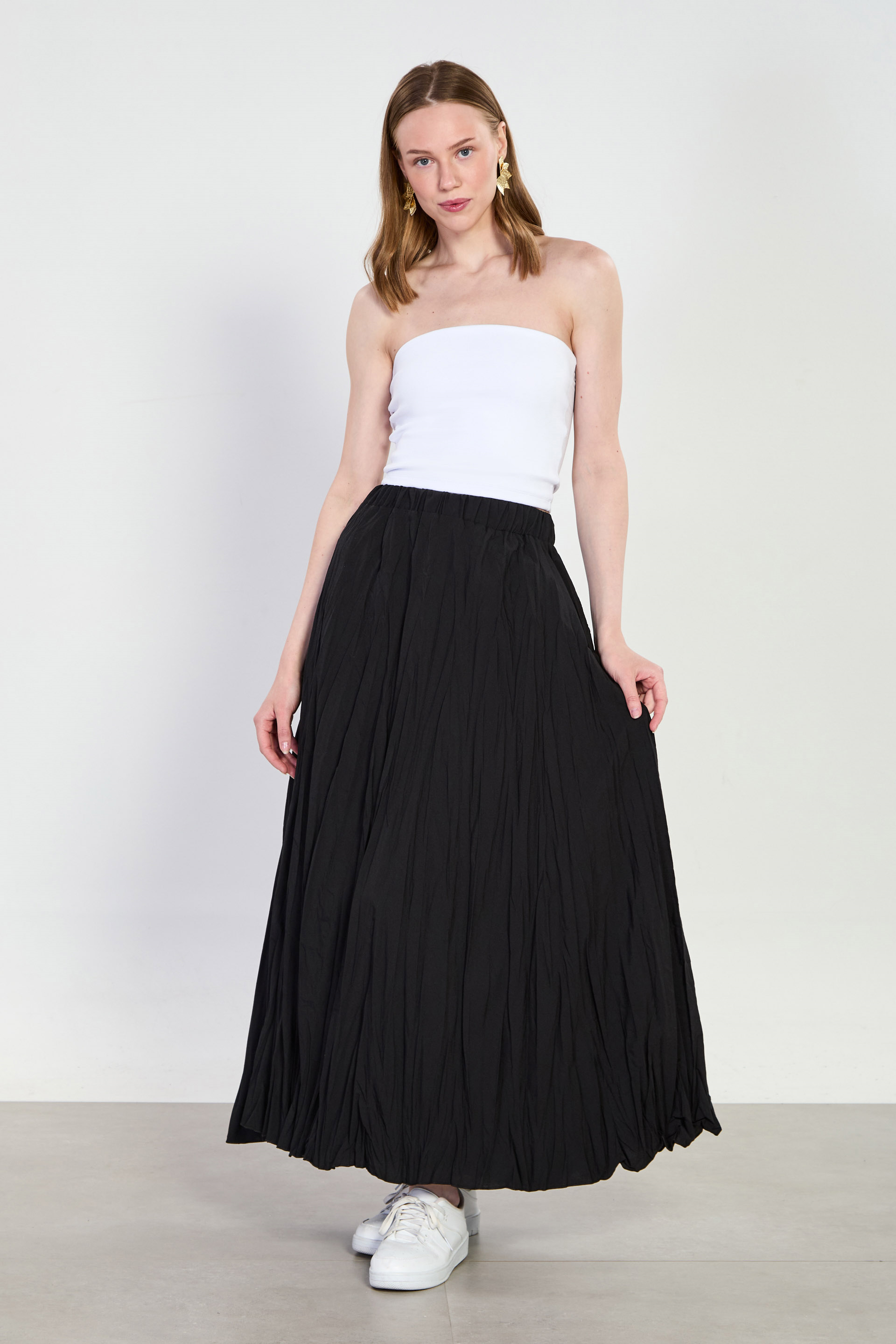 Kadın Beli Lastikli Kraşlı Uzun Etek - Siyah