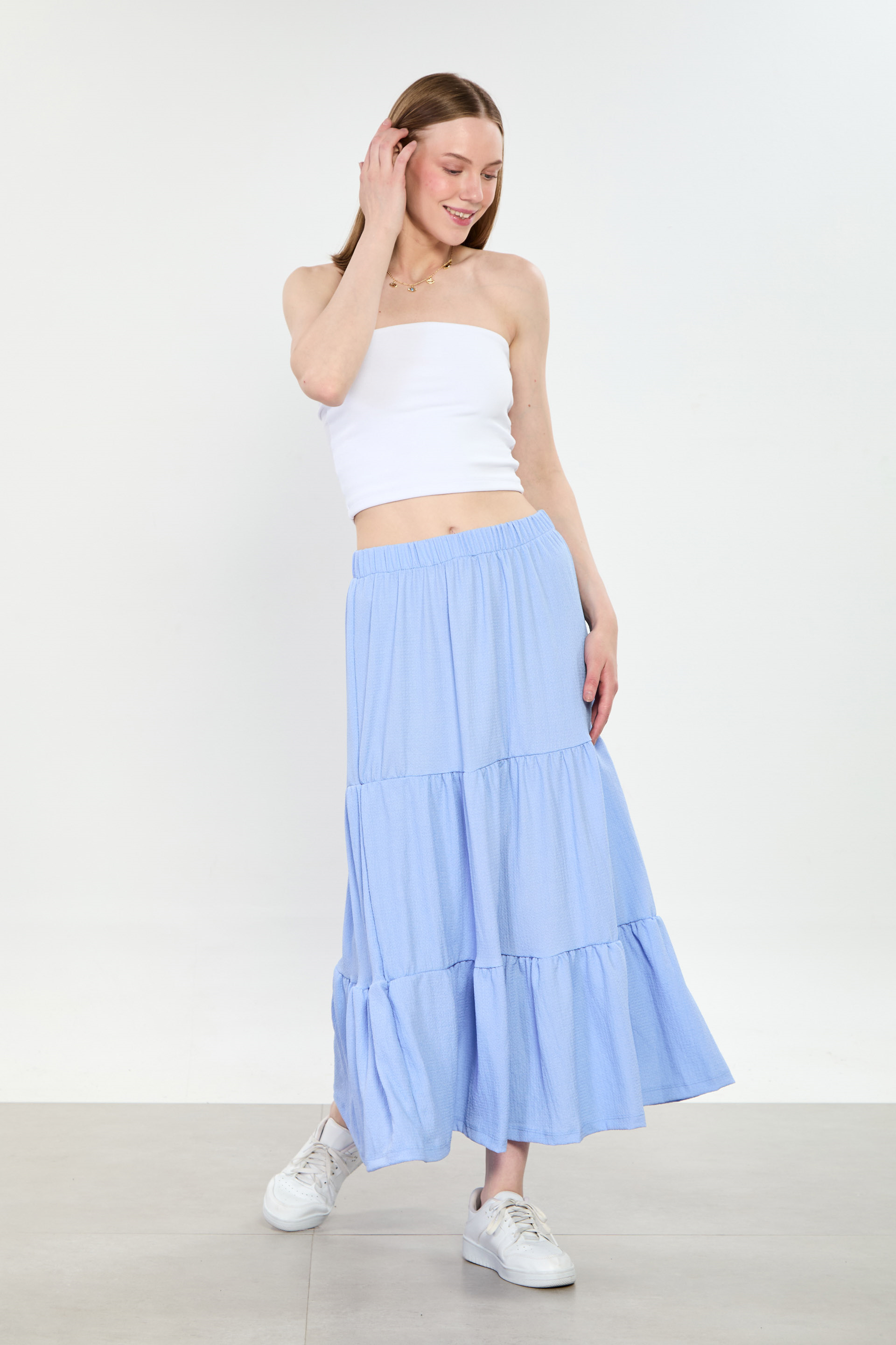 Kadın Parçalı Midi Etek - Mavi