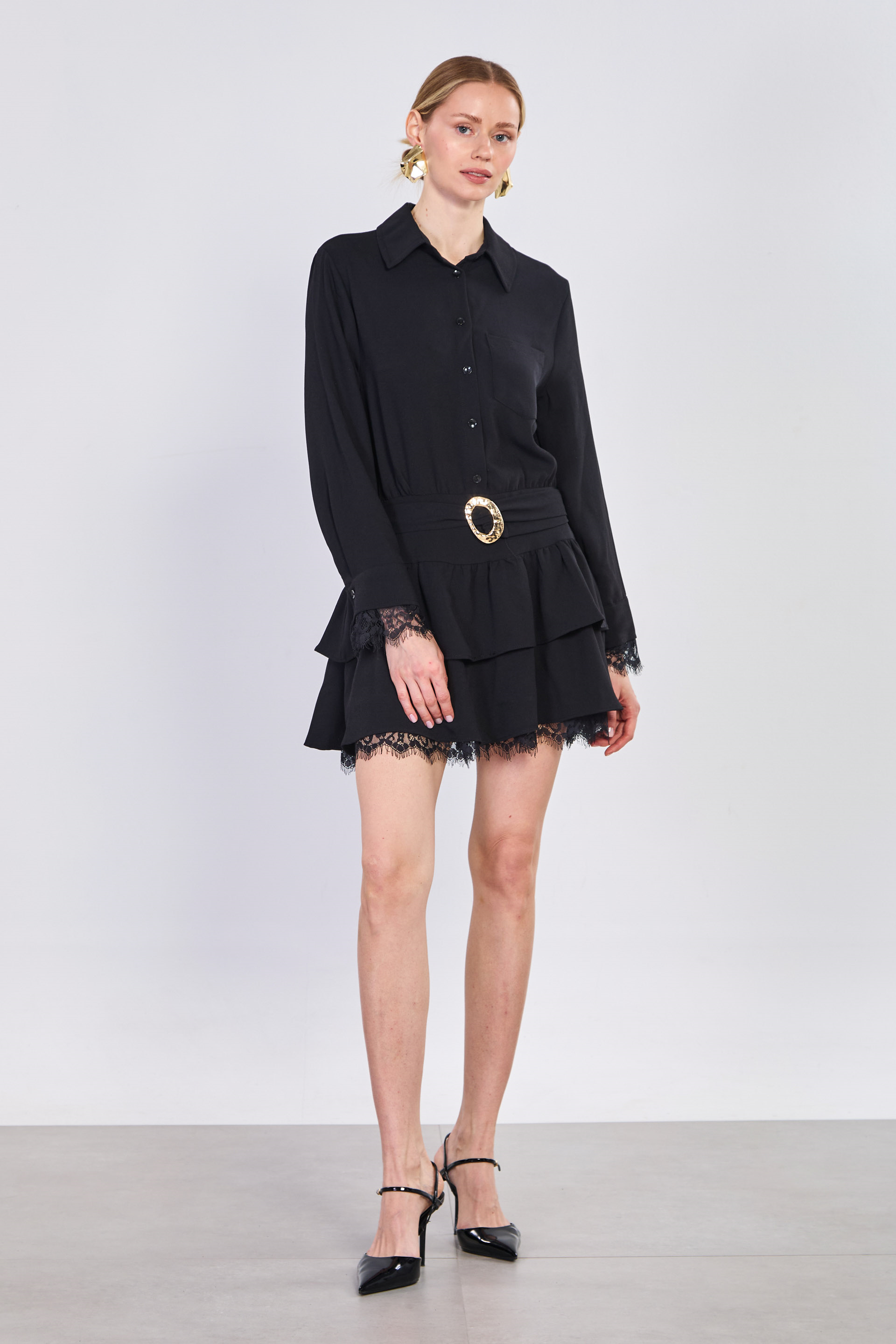 Kadın Dantel Detaylı Beli Kemerli Mini Elbise - Siyah