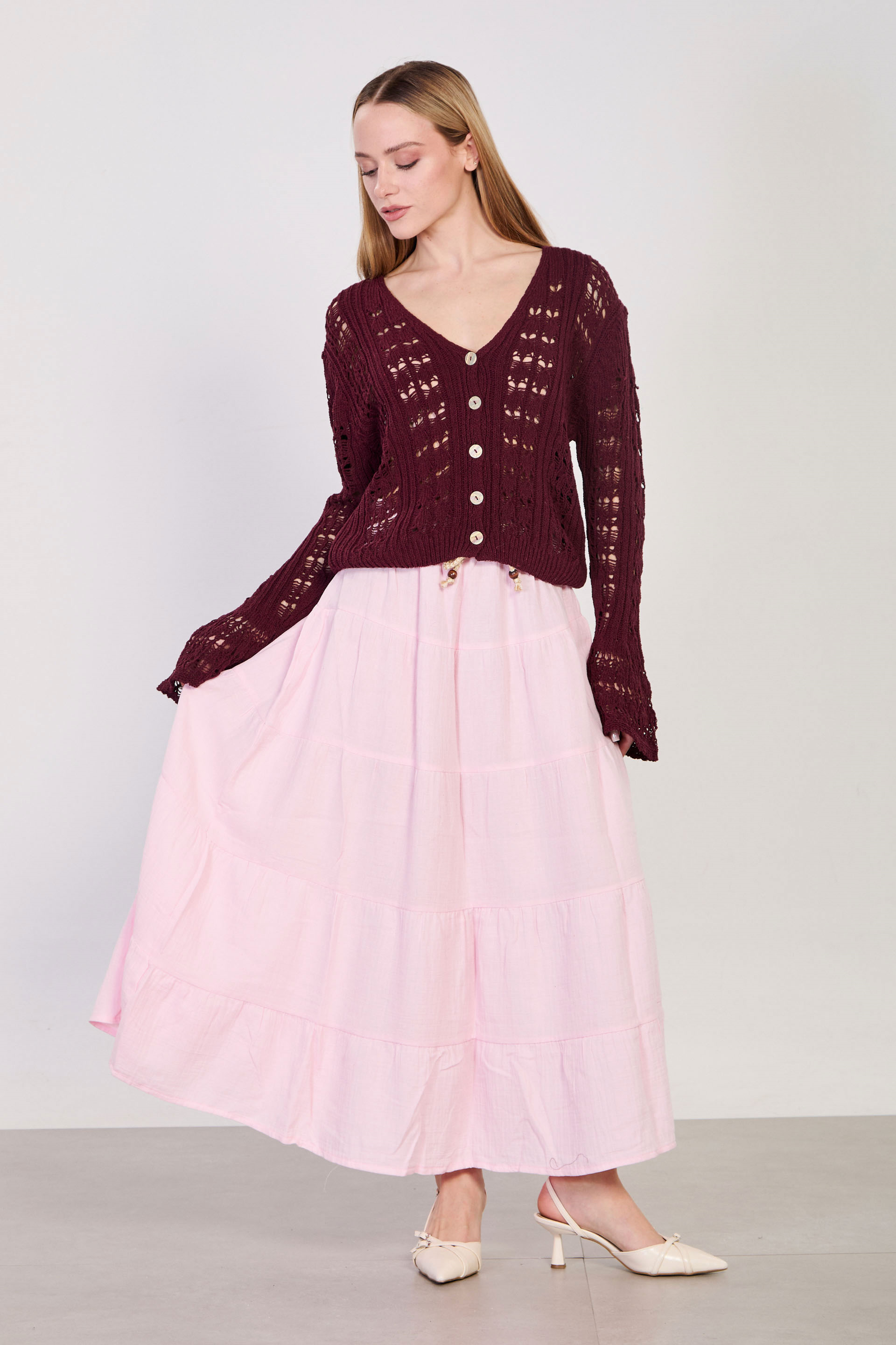 Kadın Kemerli Pileli Uzun Pamuk Etek - Pembe