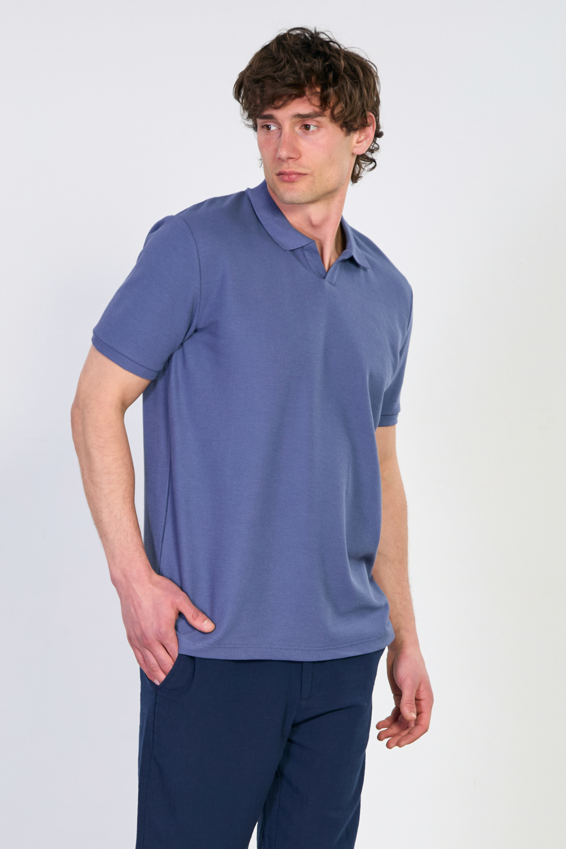 Erkek Waffle Yakalı T-Shirt - Koyu Mavi