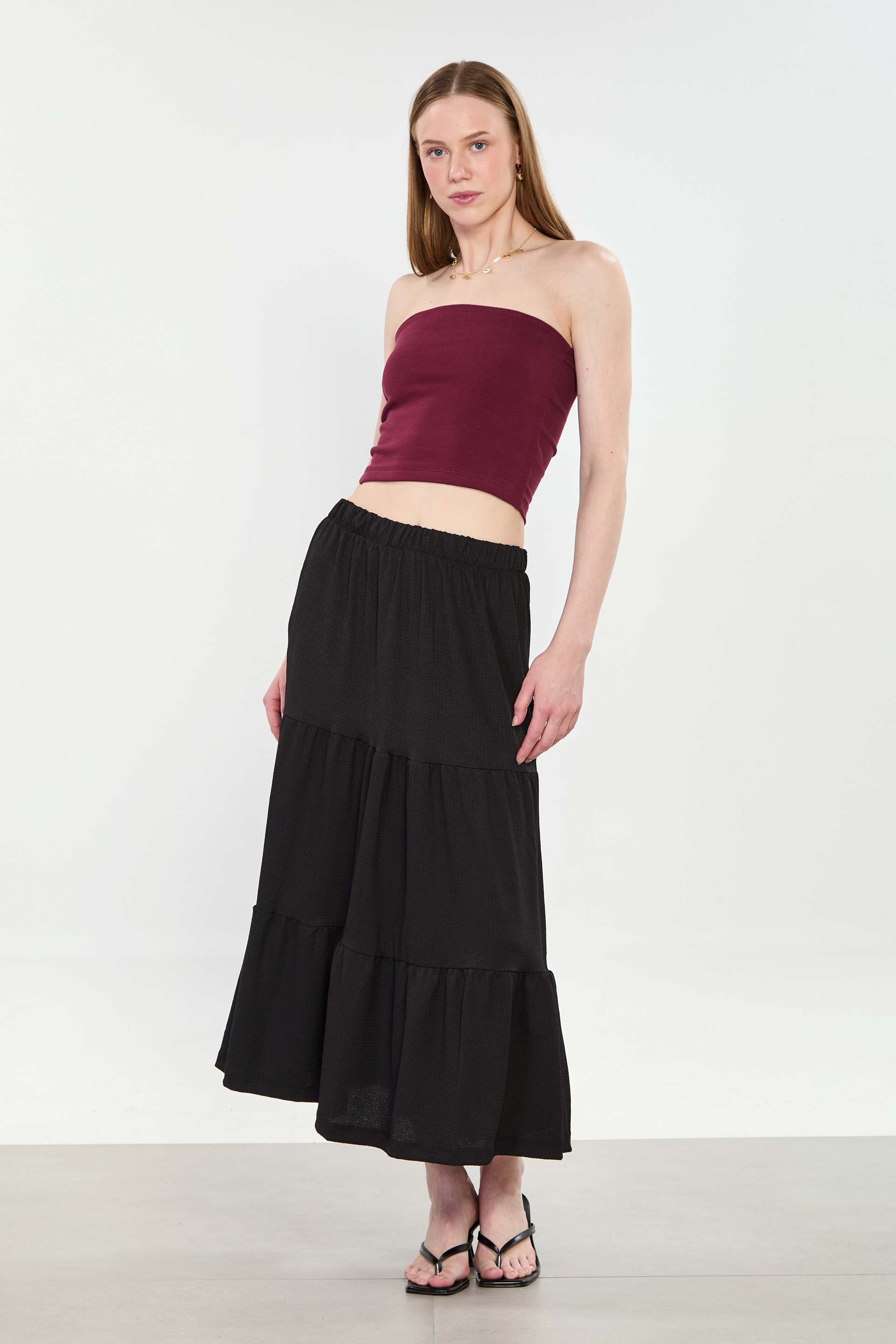 Kadın Parçalı Midi Etek - Siyah