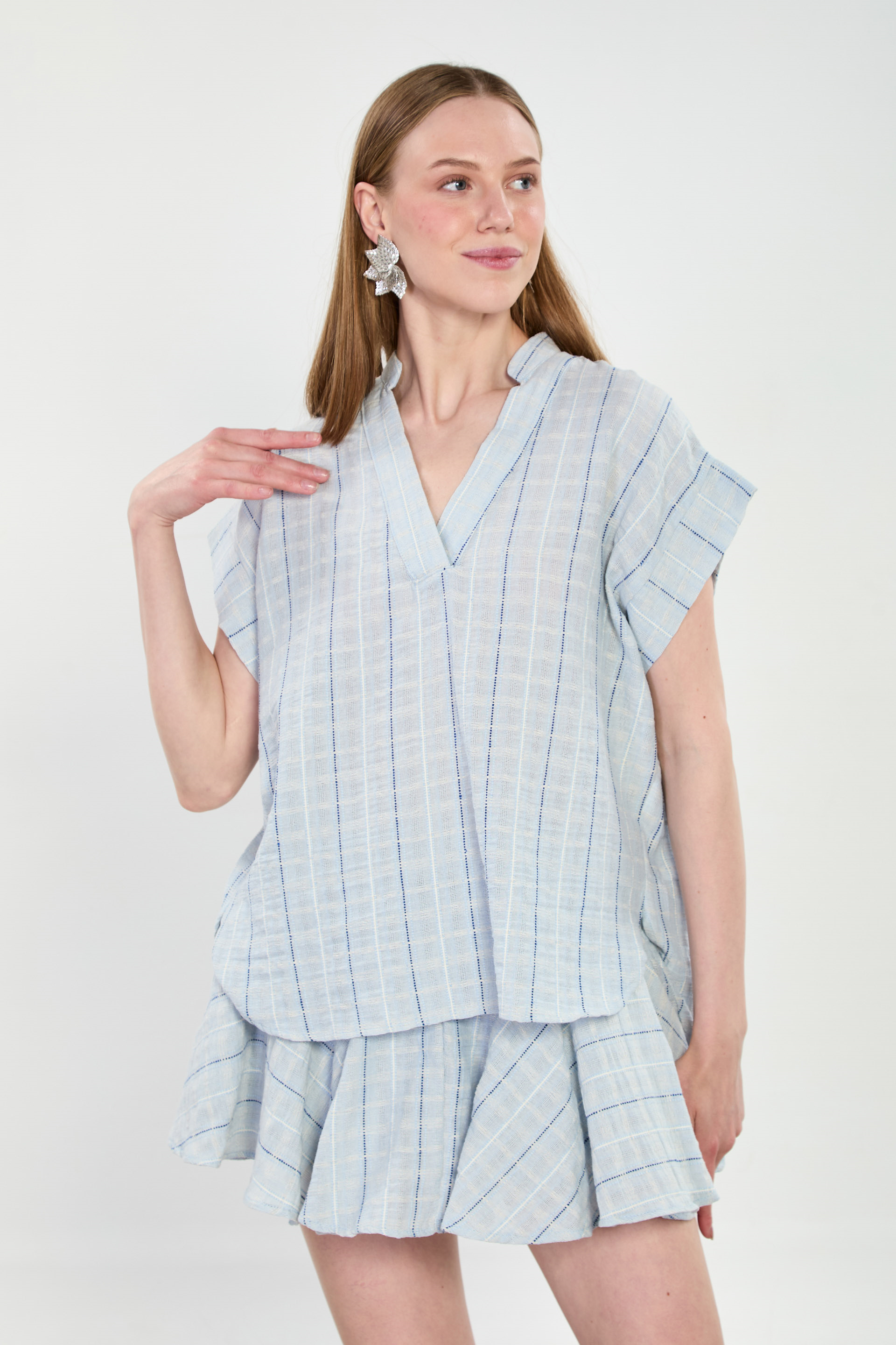 Kadın Çizgili V Yaka Kısa Kol Bluz - Mavi