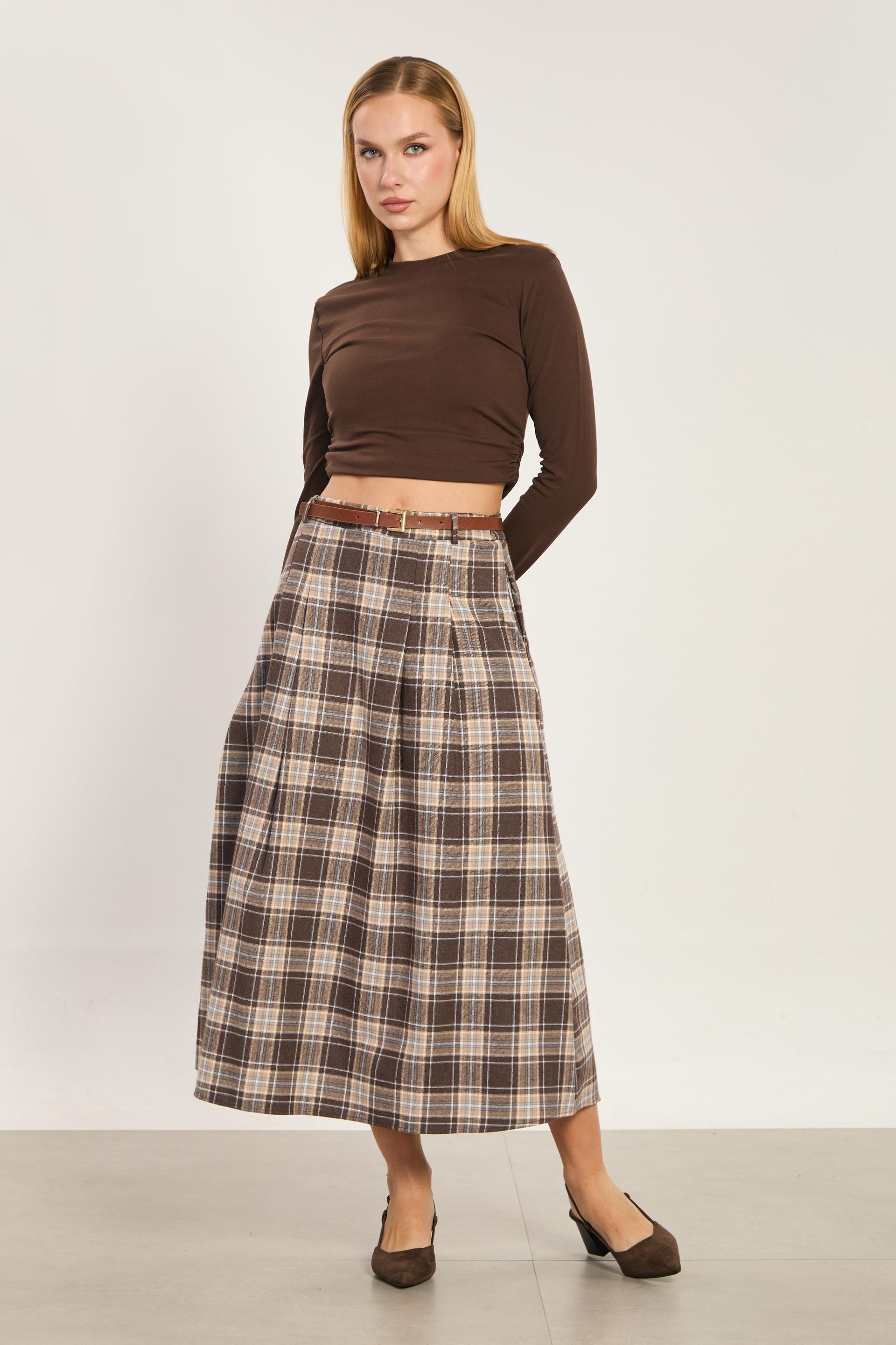 Kadın Kemerli Ekose Midi Etek - Kahve/Lacivert