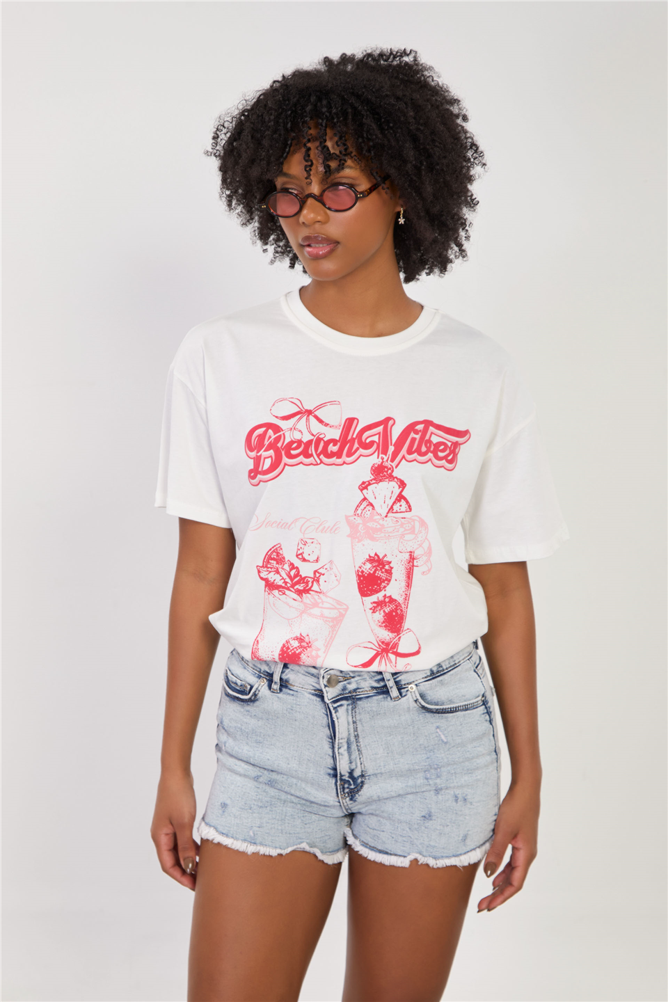 Kadın Beach Vibes Yazılı T-Shirt - Ekru